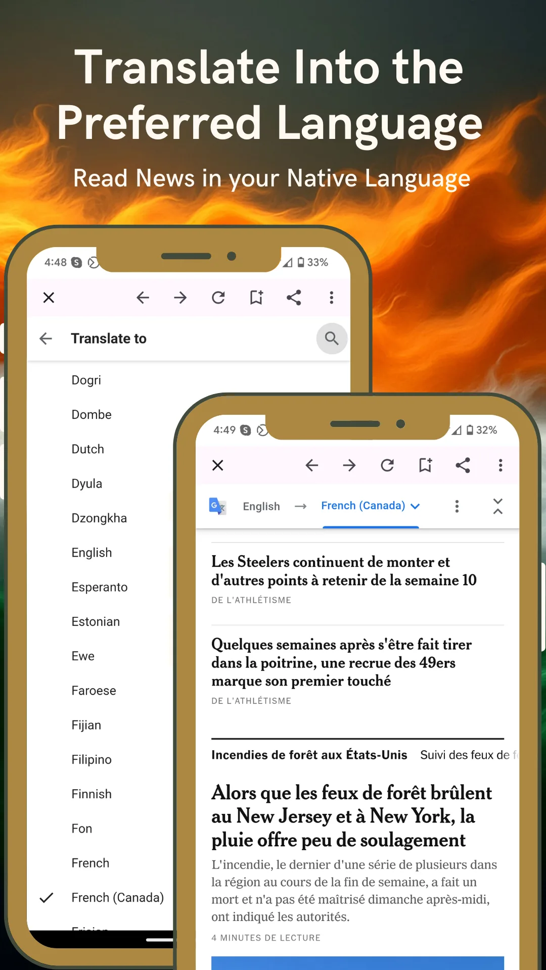 A translation language list open over a foreign-language news page inside the app, captioned Translate into the preferred language