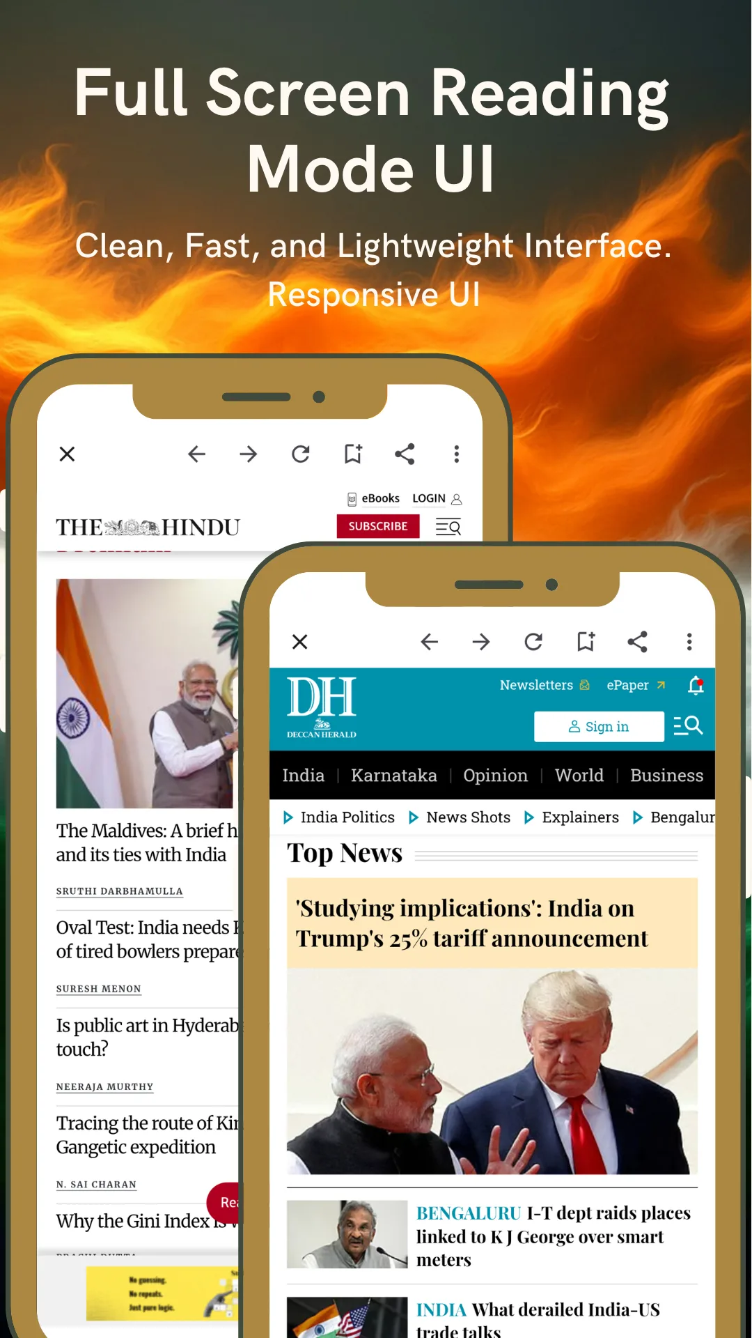 The Hindu and Deccan Herald front pages open full screen in the app's reader, captioned Full screen reading mode