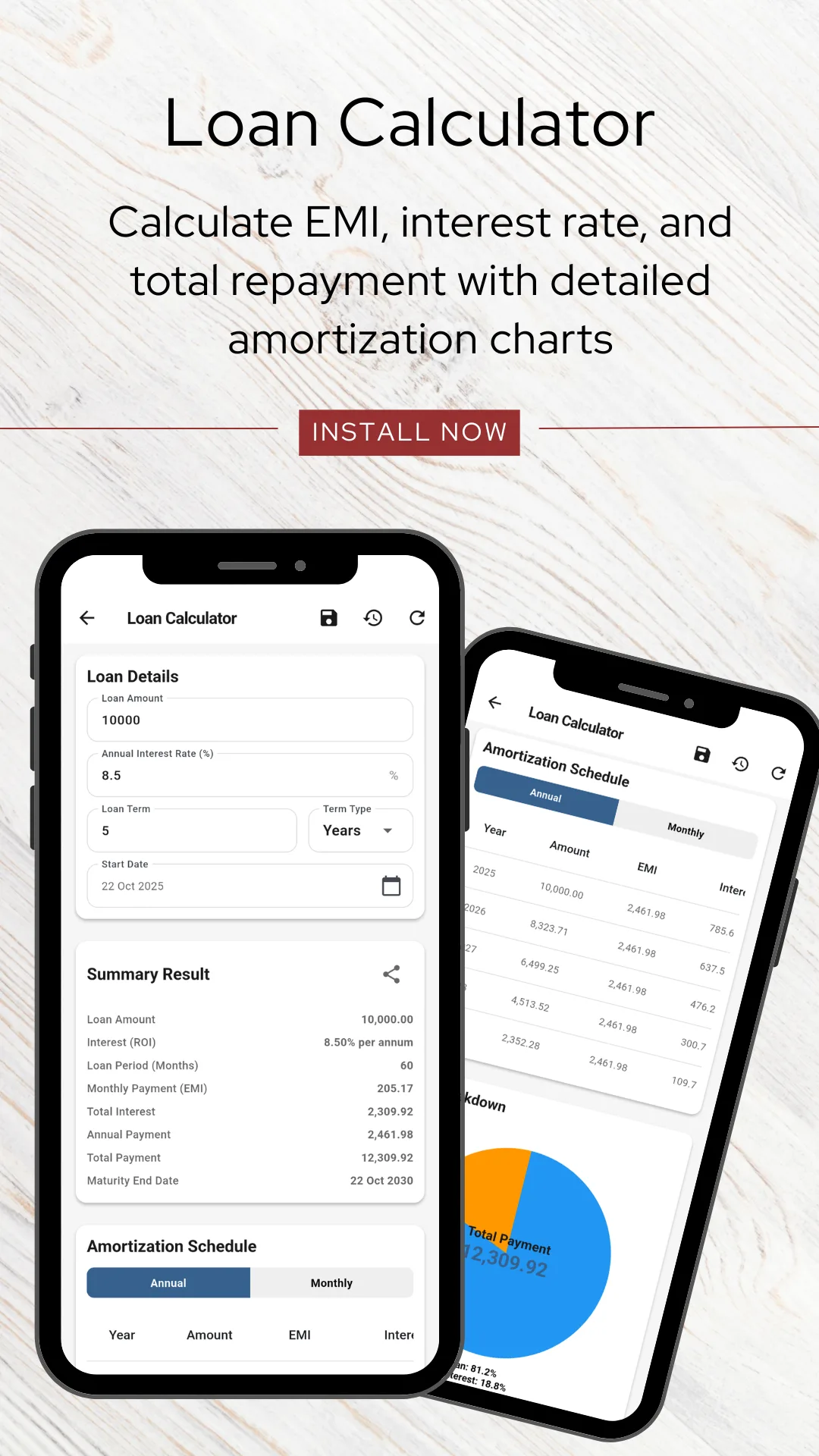 The Loan Calculator showing Loan Details with a loan amount of 10,000, an annual interest rate of 8.5 percent, a five year term and a start date, then a Summary Result listing loan amount 10,000.00, interest 8.50 percent per annum, loan period 60 months, monthly payment EMI 205.17, total interest 2,309.92, annual payment 2,461.98, total payment 12,309.92 and maturity end date 22 Oct 2030, above an Amortization Schedule with annual and monthly tabs, beside a second phone showing the schedule table and a loan breakdown pie chart