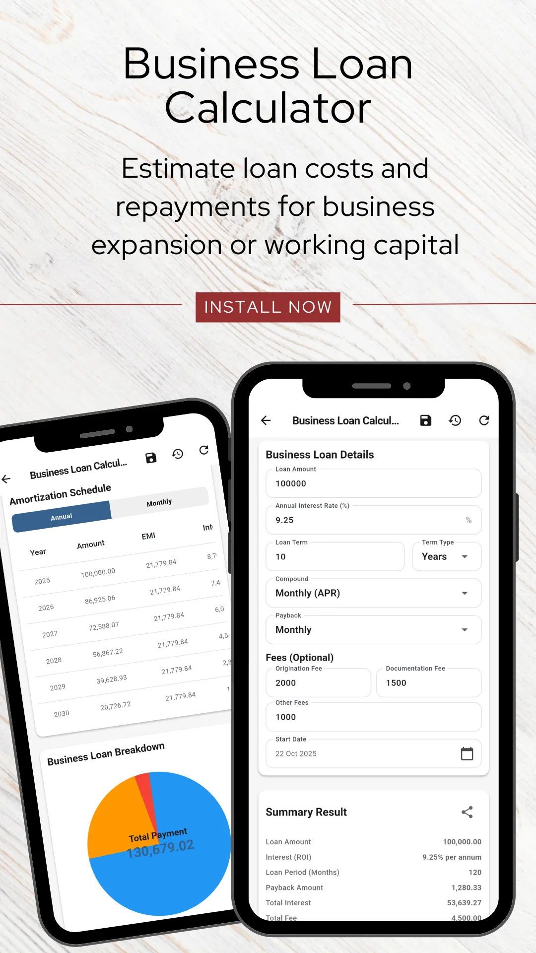 The Business Loan Calculator showing business loan details with a loan amount of 100,000, an annual interest rate of 9.25 percent, a ten year term, monthly APR compounding, monthly payback and optional origination, documentation and other fees, with a summary result giving loan period 120 months, payback amount, total interest and total fee, beside a second phone showing the amortization schedule and a business loan breakdown pie chart
