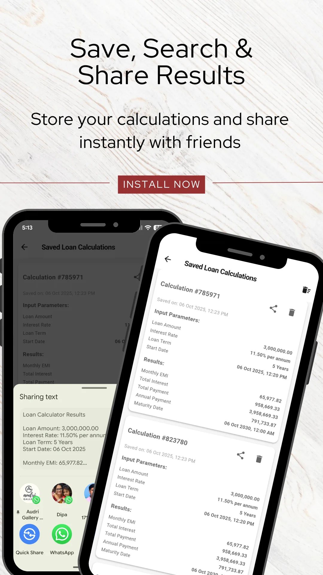 A Saved Loan Calculations list where each entry carries a calculation number, a saved date and time, its input parameters of loan amount 3,000,000.00, interest rate 11.50 percent per annum, a five year term and a start date, and its results of monthly EMI 65,977.82, total interest 958,669.23, total payment 3,958,669.23, annual payment 791,733.87 and a maturity date, each with share and delete buttons, beside a dark mode phone showing the Android share sheet carrying the same result as formatted text