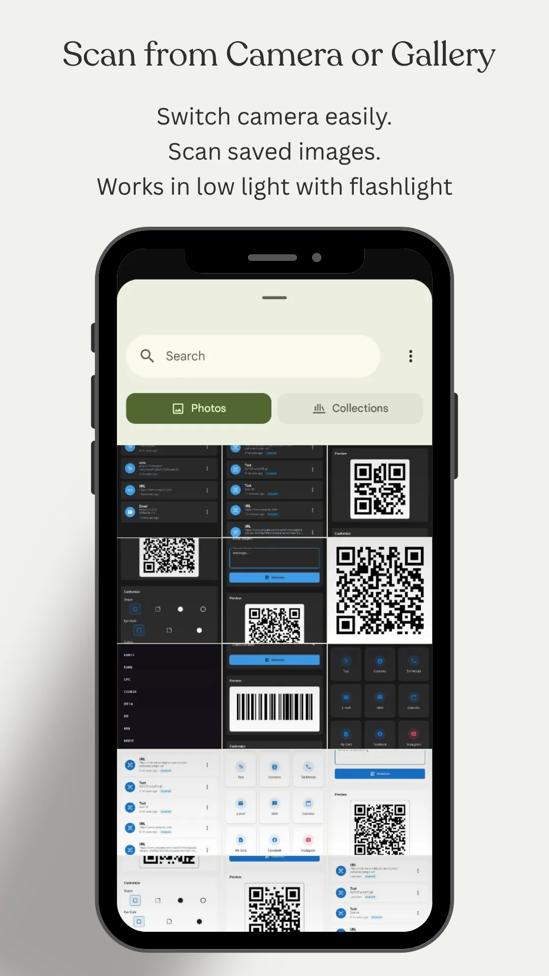 The gallery scan screen headed Scan from Camera or Gallery, with the note that you can switch camera easily, scan saved images and work in low light with the flashlight, showing a searchable image picker with Photos and Collections tabs above a grid of saved screenshots containing QR codes and barcodes