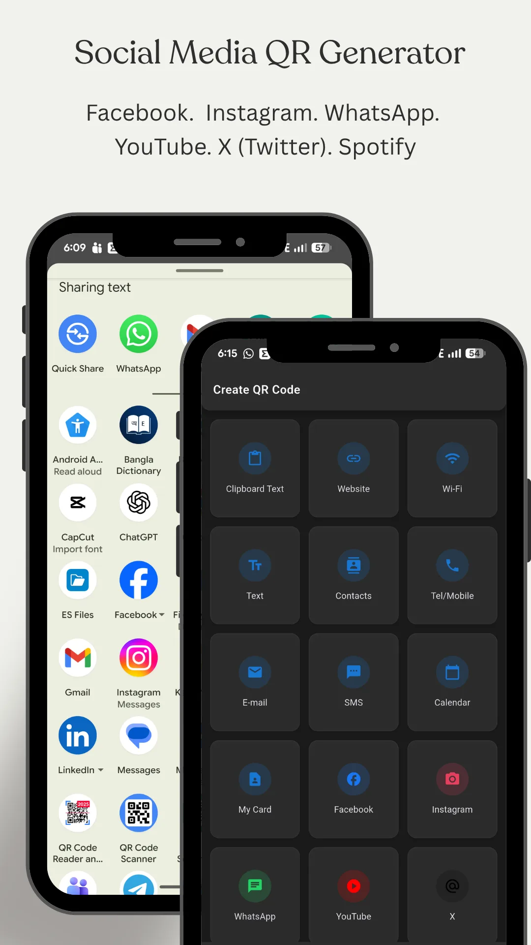 The social profile QR screen headed Social Media QR Generator, listing Facebook, Instagram, WhatsApp, YouTube, X formerly Twitter and Spotify, showing the Android share sheet open beside the Create QR Code grid so a generated code can be sent straight to another app