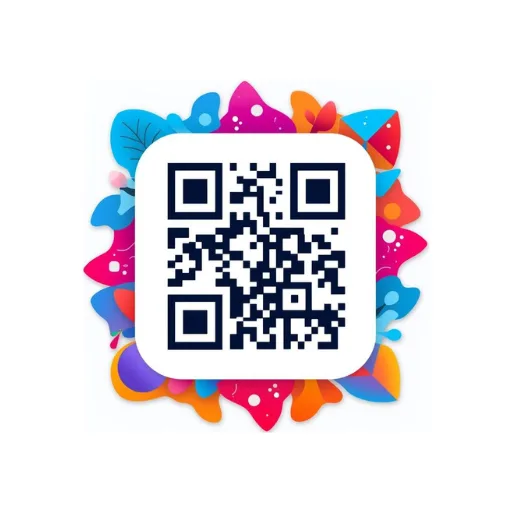 QR Scanner and Barcode Generator app icon — a colourful abstract splash behind a white rounded square holding a dark QR code