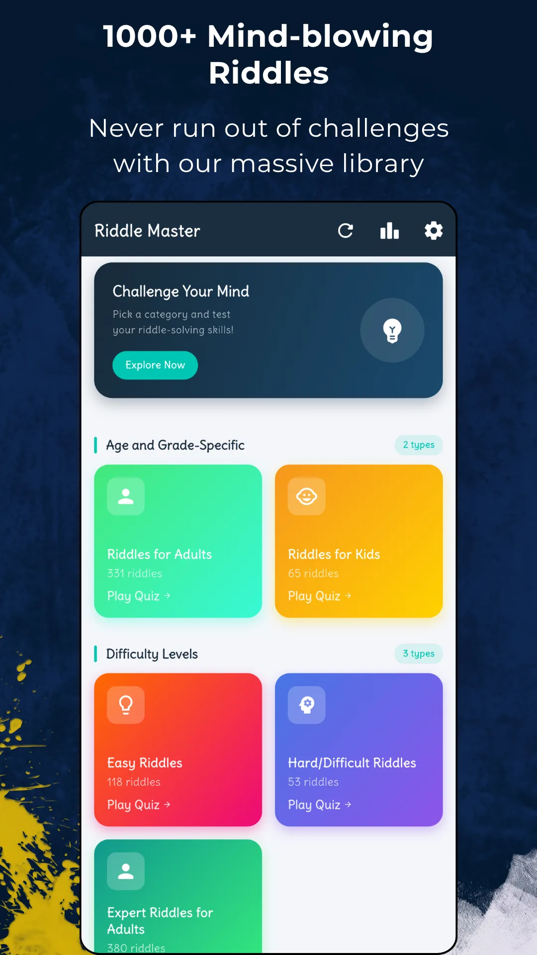 The Riddle Master home screen headed 1000+ Mind-blowing Riddles, showing a Challenge Your Mind card with an Explore Now button, then Age and Grade-Specific tiles for Riddles for Adults with 331 riddles and Riddles for Kids with 65 riddles, and Difficulty Level tiles for Easy Riddles with 118, Hard/Difficult Riddles with 53 and Expert Riddles for Adults with 380