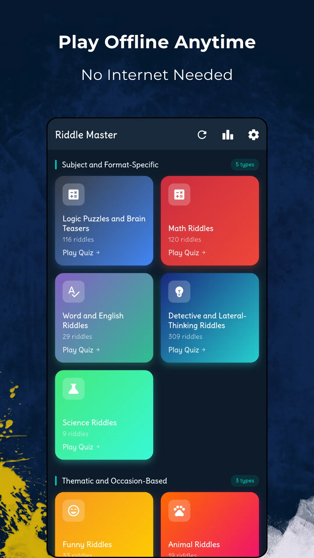 More Riddle Master category tiles under Subject and Format-Specific: Logic Puzzles and Brain Teasers with 116 riddles, Math Riddles with 120, Word and English Riddles with 29, Detective and Lateral-Thinking Riddles with 309, Science Riddles with 9, plus the start of Funny Riddles and Animal Riddles under Thematic and Occasion-Based
