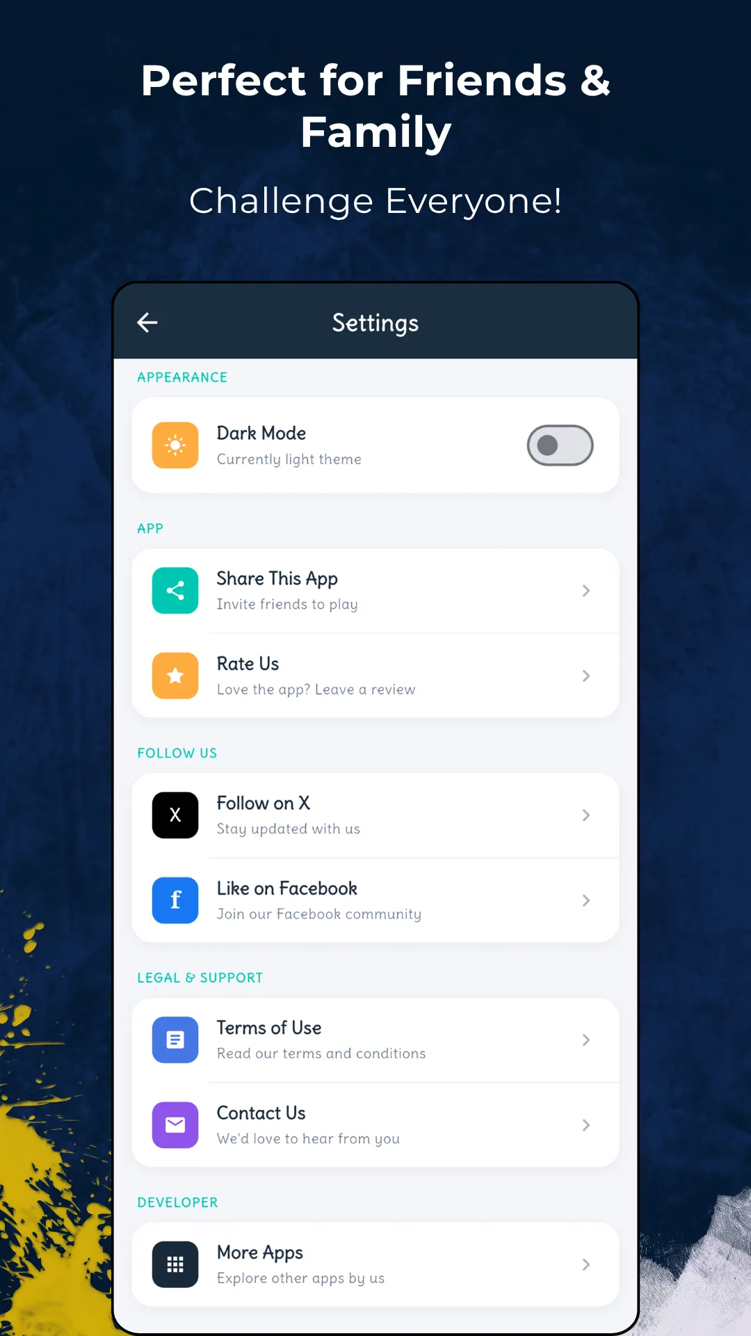 The Riddle Master Settings screen with a Dark Mode toggle, Share This App, Rate Us, Follow on X, Like on Facebook, Terms of Use, Contact Us and More Apps rows