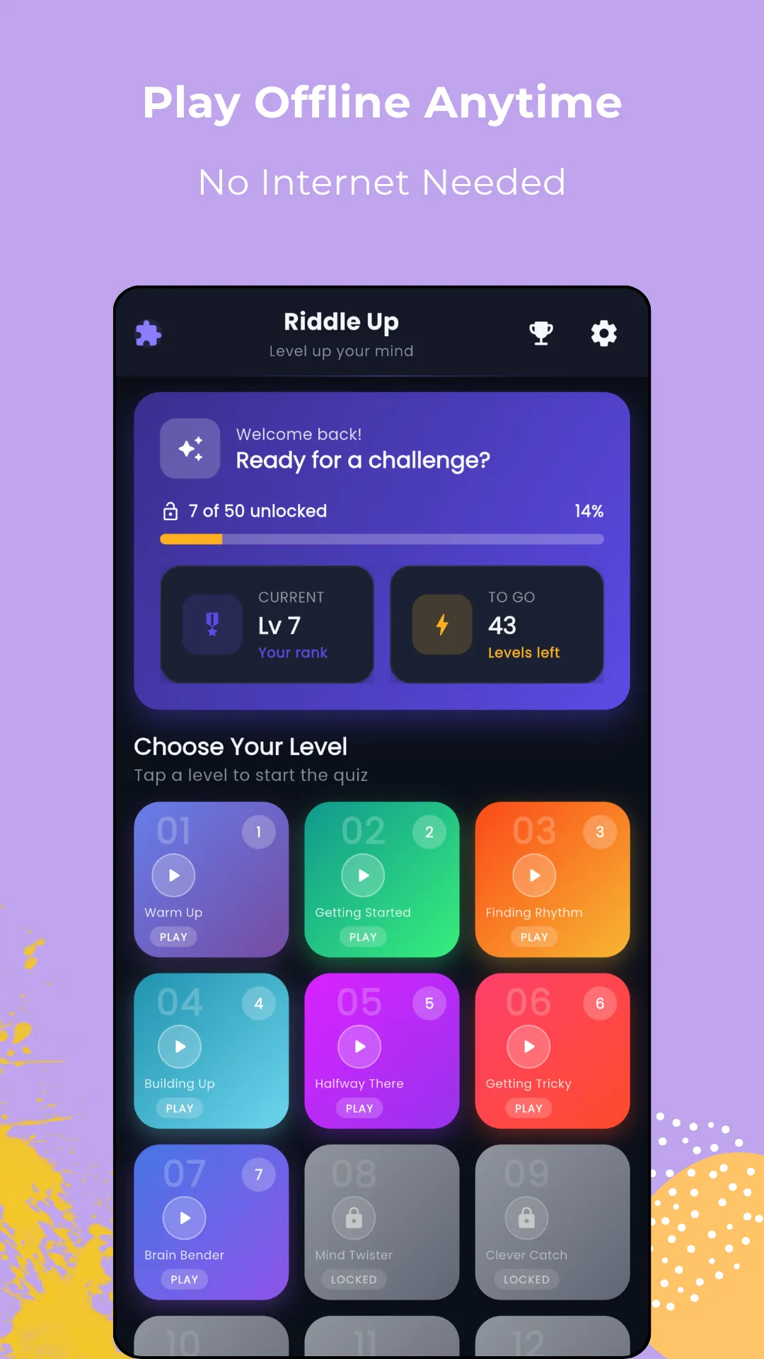 The same Riddle Up level map shown in dark mode under the heading Play Offline Anytime, No Internet Needed, with the level grid, progress bar and rank card all rendered on a dark background