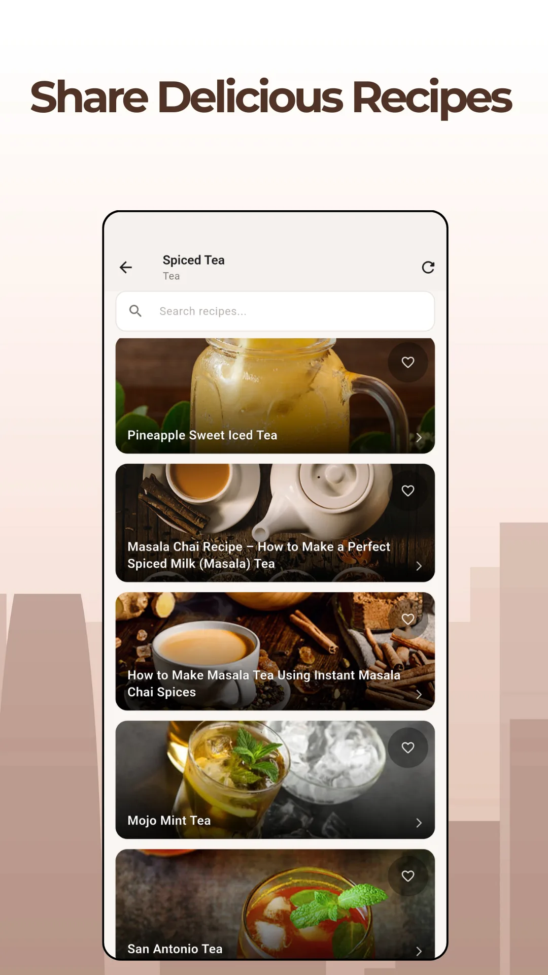 The Spiced Tea category list showing recipe cards for Pineapple Sweet Iced Tea, Masala Chai Recipe how to make a perfect spiced milk tea, How to Make Masala Tea Using Instant Masala Chai Spices, Mojo Mint Tea and San Antonio Tea