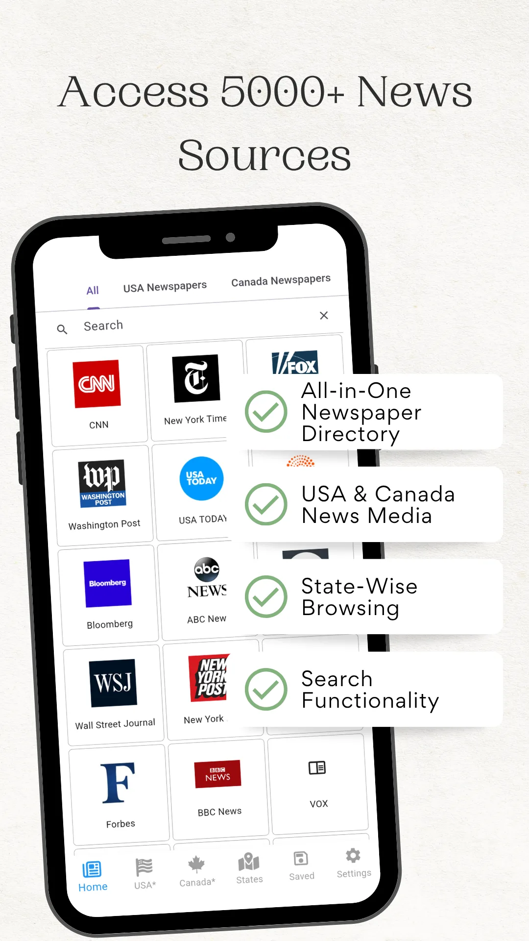 Home screen of the USA and Canada Newspapers app showing a grid of US and Canadian newspaper logos, captioned Access 5000+ News Sources