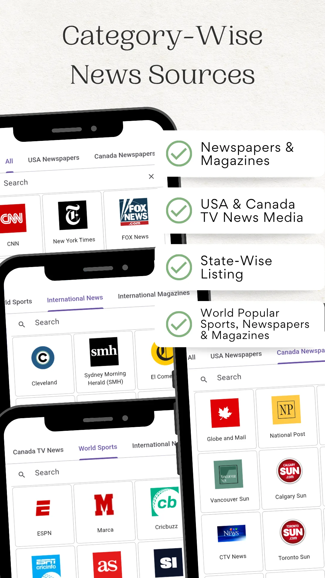 Category tabs in the app listing newspapers, magazines and TV news channels as logo tiles, captioned Category-Wise News Sources