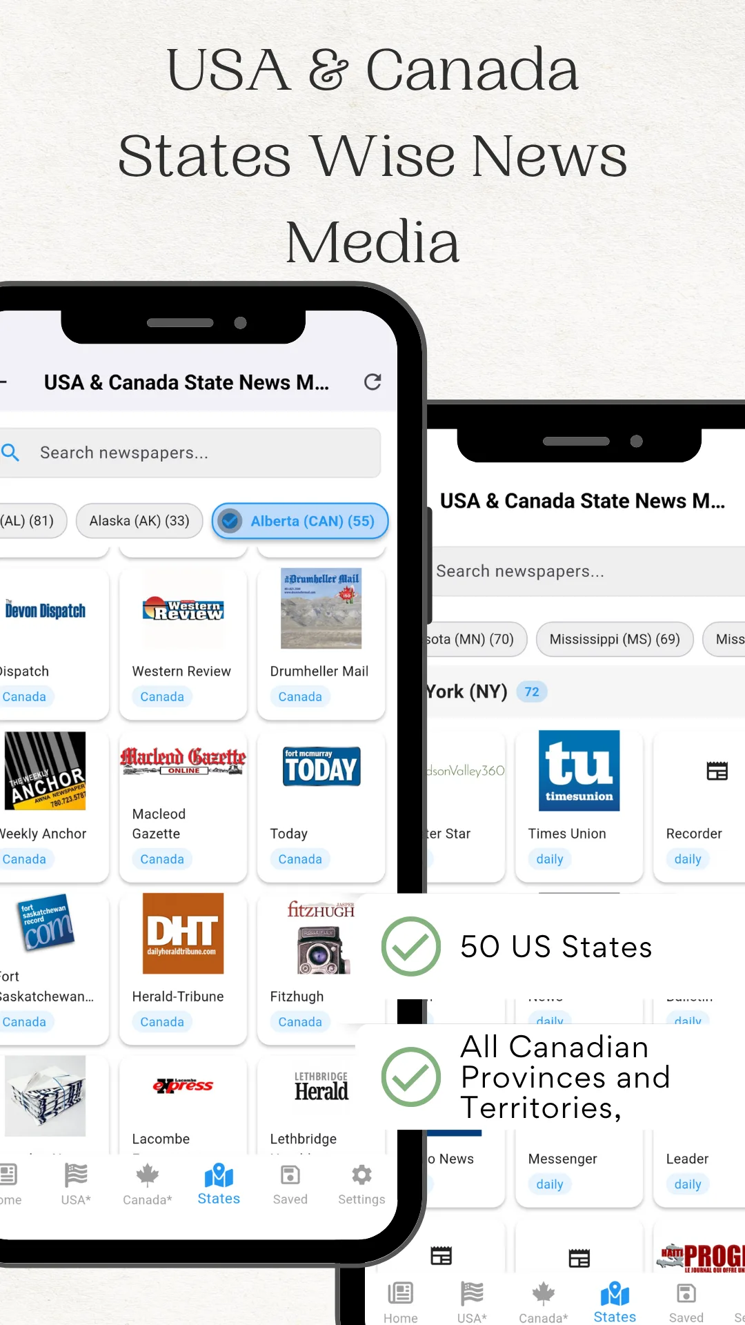 State and province picker listing US states and Canadian provinces above a grid of local newspaper logos, captioned USA and Canada States Wise News Media