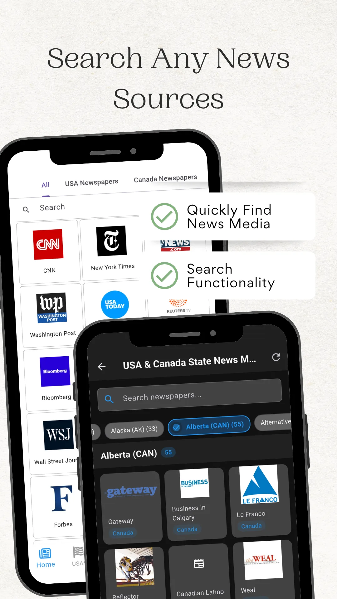 Search screen of the app with a search field above matching newspaper results, captioned Search Any News Sources