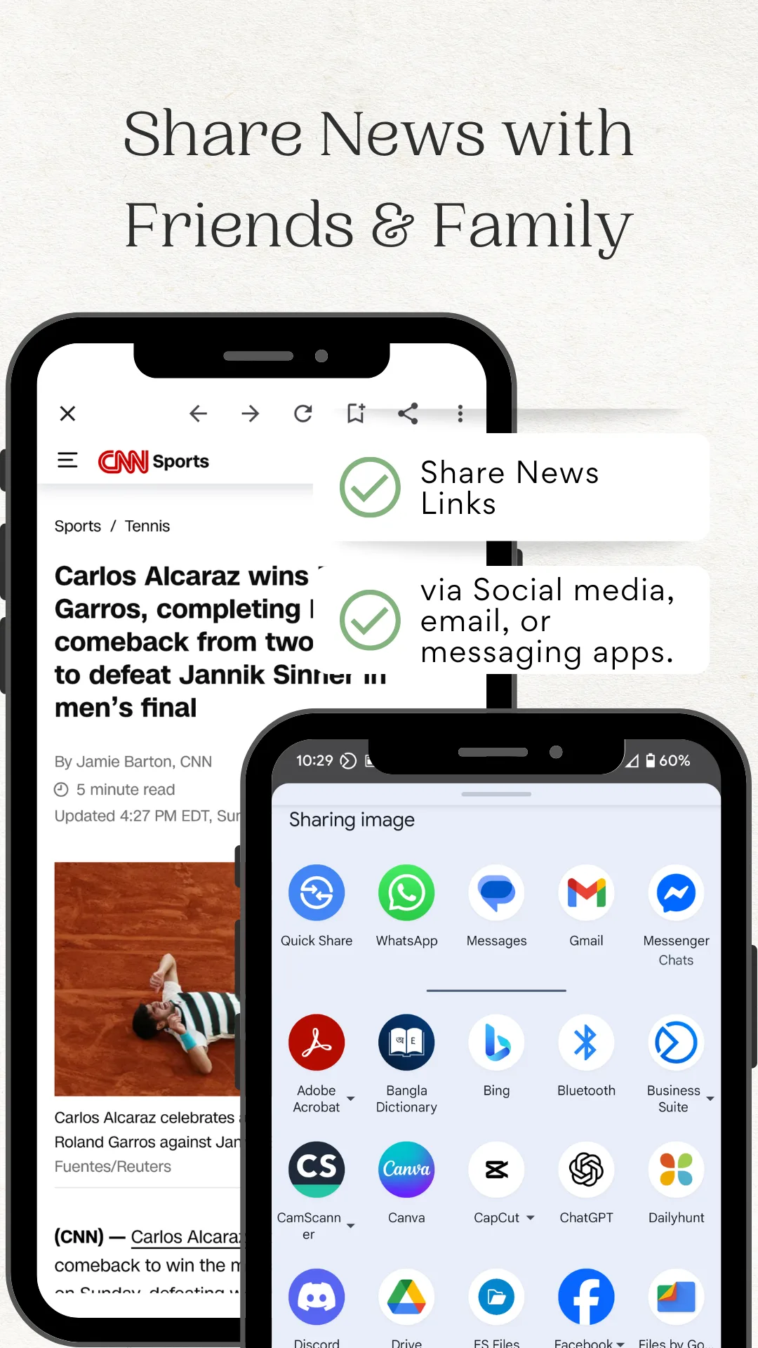 Android share sheet open over a news story showing messaging and social app targets, captioned Share News with Friends and Family