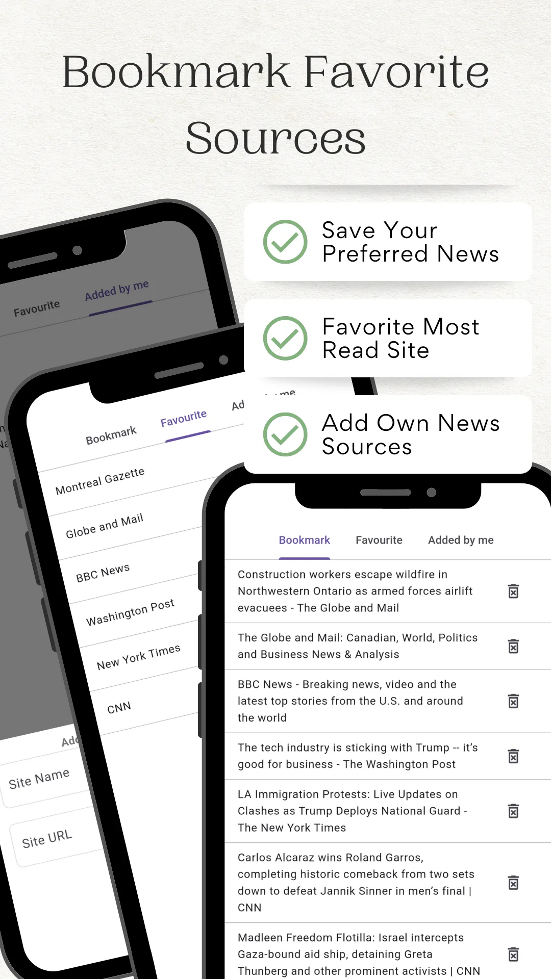 Bookmarks screen listing saved newspapers and articles in the app, captioned Bookmark Favorite Sources