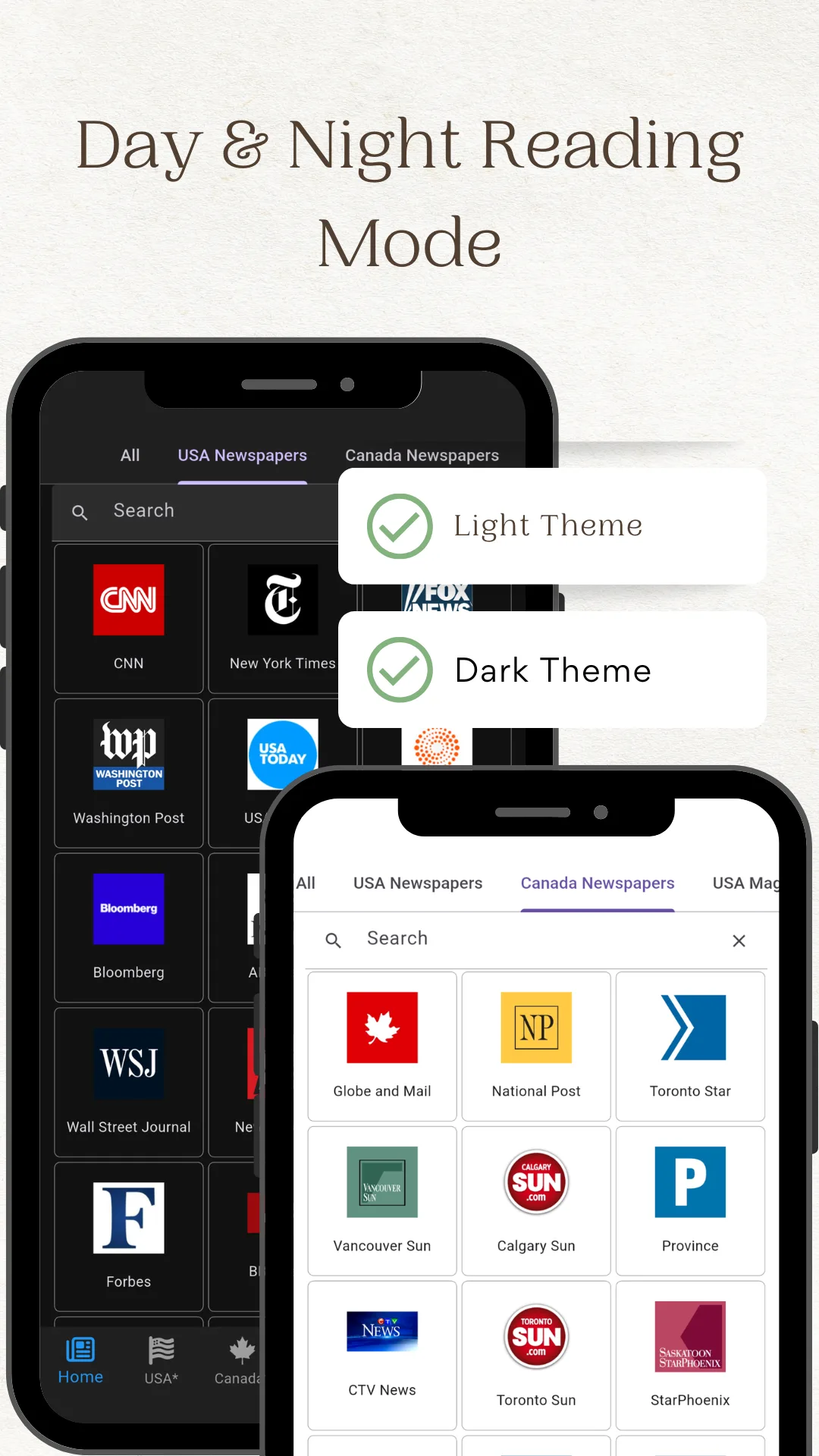 Theme menu open over the newspaper grid offering a light theme and a dark theme, captioned Day and Night Reading Mode