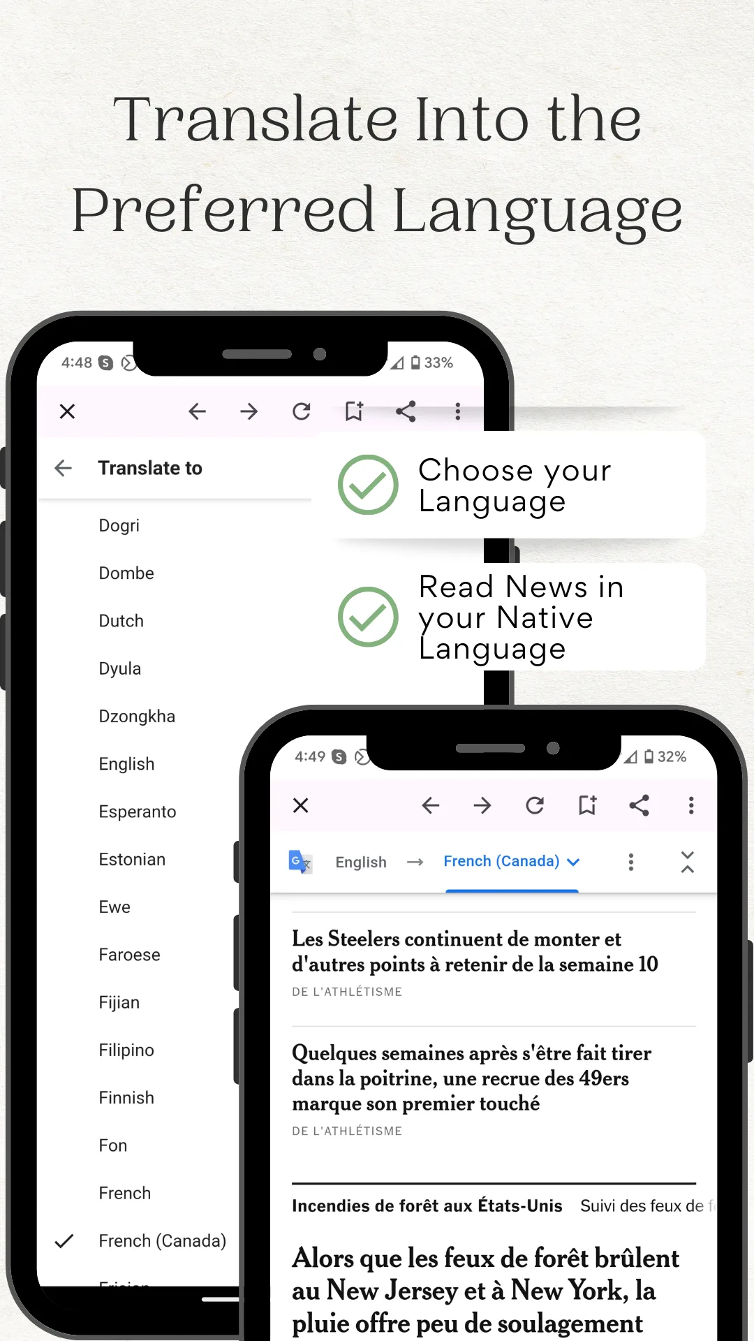 Language list open beside a news page being translated in the app, captioned Translate Into the Preferred Language