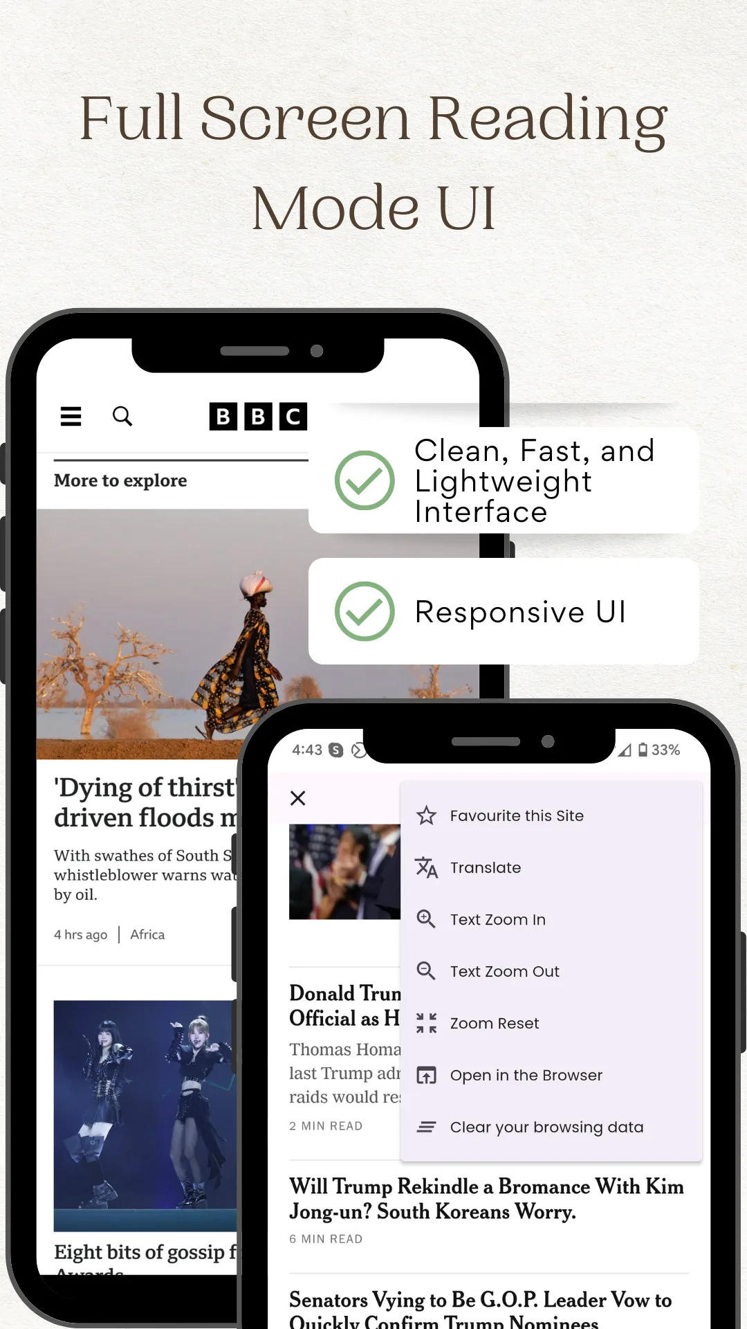 A newspaper front page filling the screen in the app's full-screen reading mode, captioned Full Screen Reading Mode UI