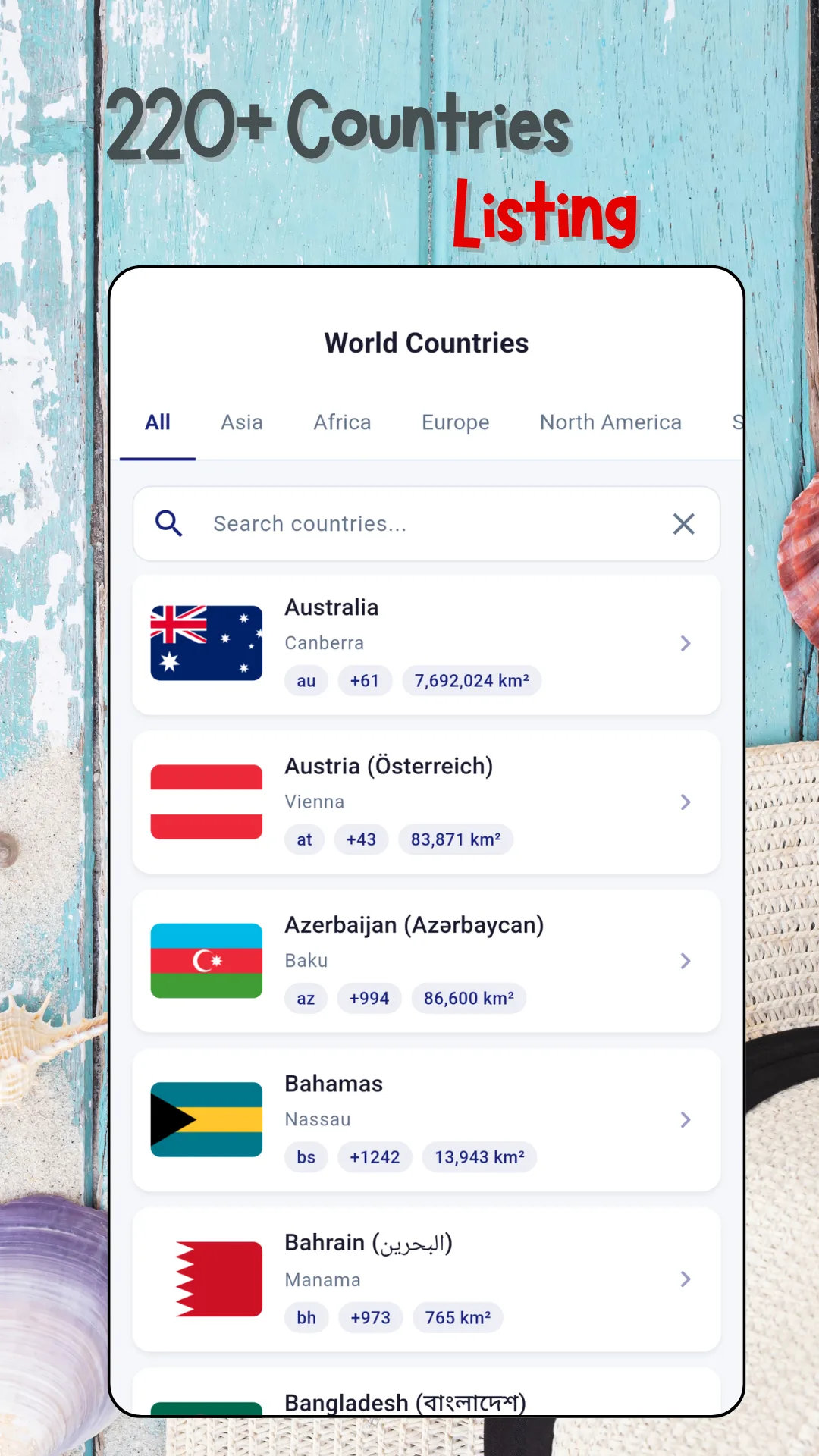 The World Countries list screen with tabs for All, Asia, Africa, Europe and North America, a search box, and rows for Australia with Canberra, Austria with Vienna, Azerbaijan with Baku, Bahamas with Nassau and Bahrain with Manama, each showing its flag, country code, dialling code and area