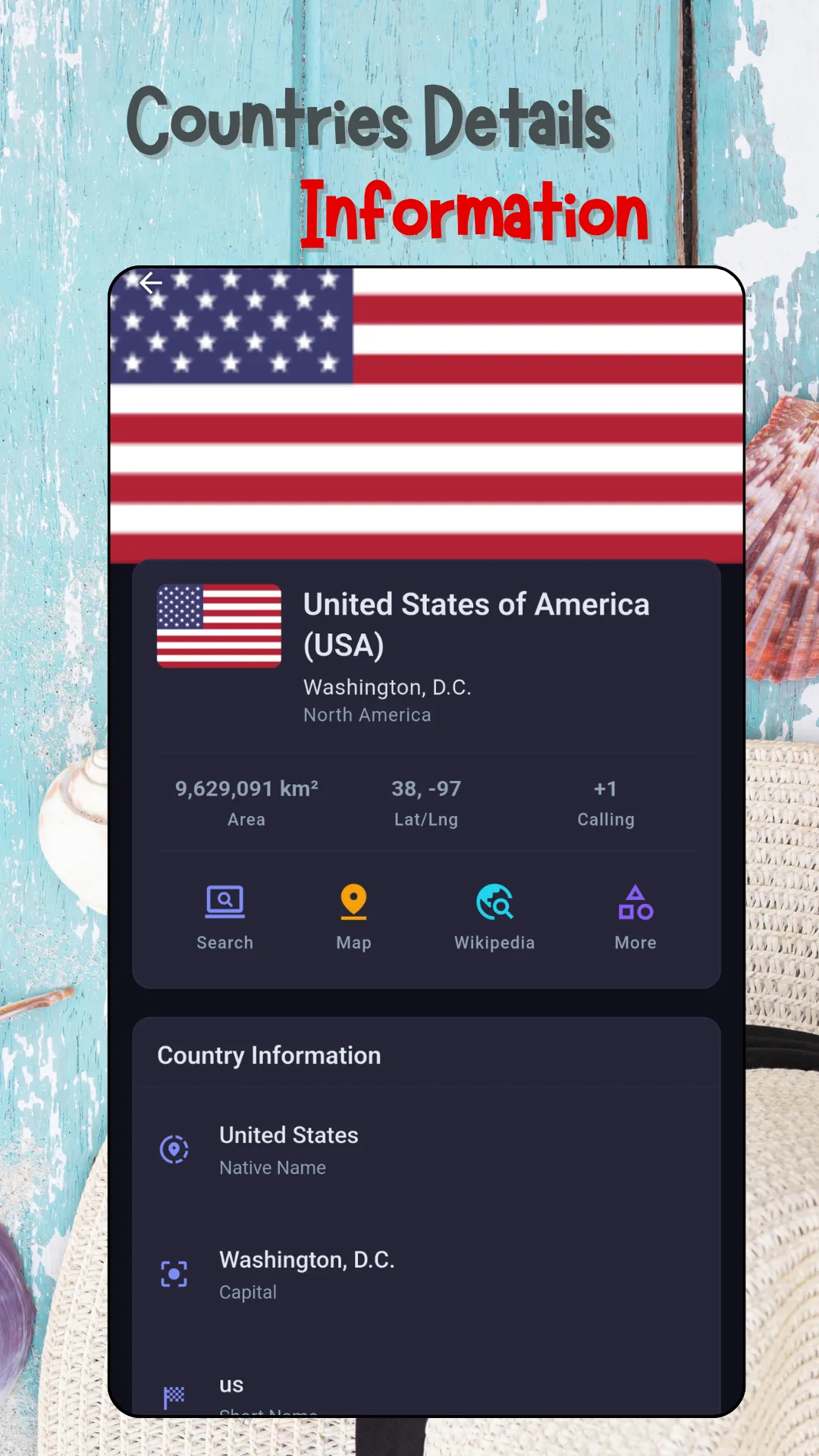 The United States country profile in dark mode, headed by the Stars and Stripes, showing Washington D.C. and North America, then area 9,629,091 square kilometres, latitude and longitude 38 and minus 97, calling code plus 1, and a row of Search, Map, Wikipedia and More buttons