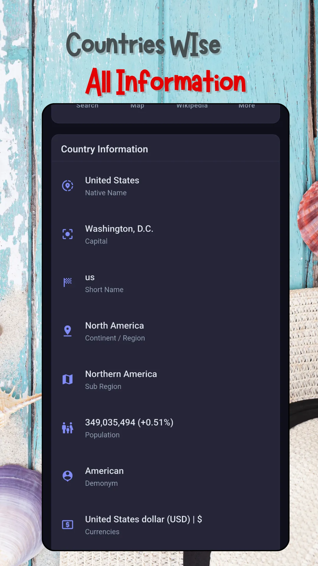 The Country Information panel listing native name United States, capital Washington D.C., short name us, continent North America, sub region Northern America, population 349,035,494 with plus 0.51 percent growth, demonym American and currency United States dollar USD with the dollar symbol