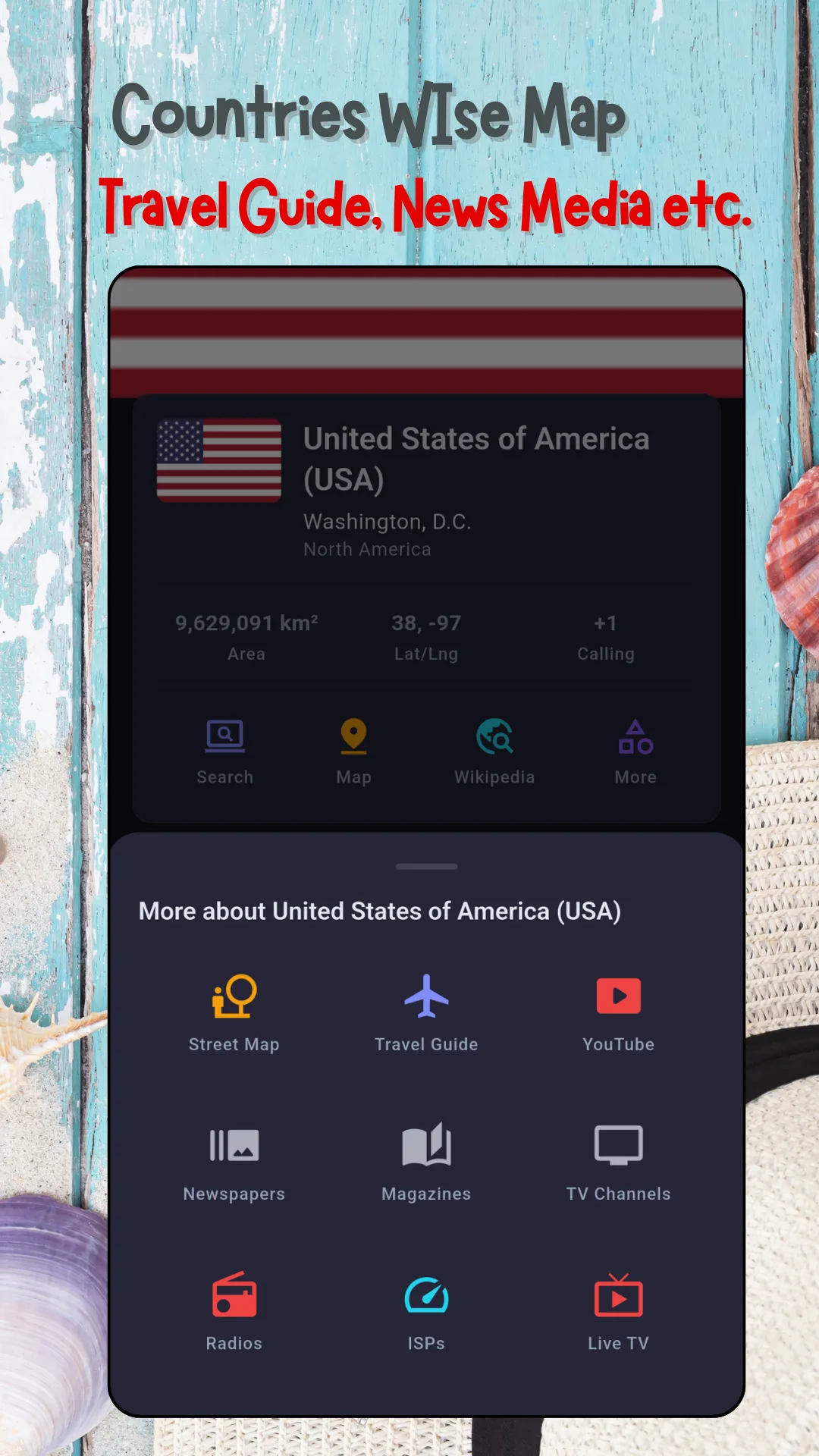 A More about United States panel showing a grid of nine icons labelled Street Map, Travel Guide, YouTube, Newspapers, Magazines, TV Channels, Radios, ISPs and Live TV