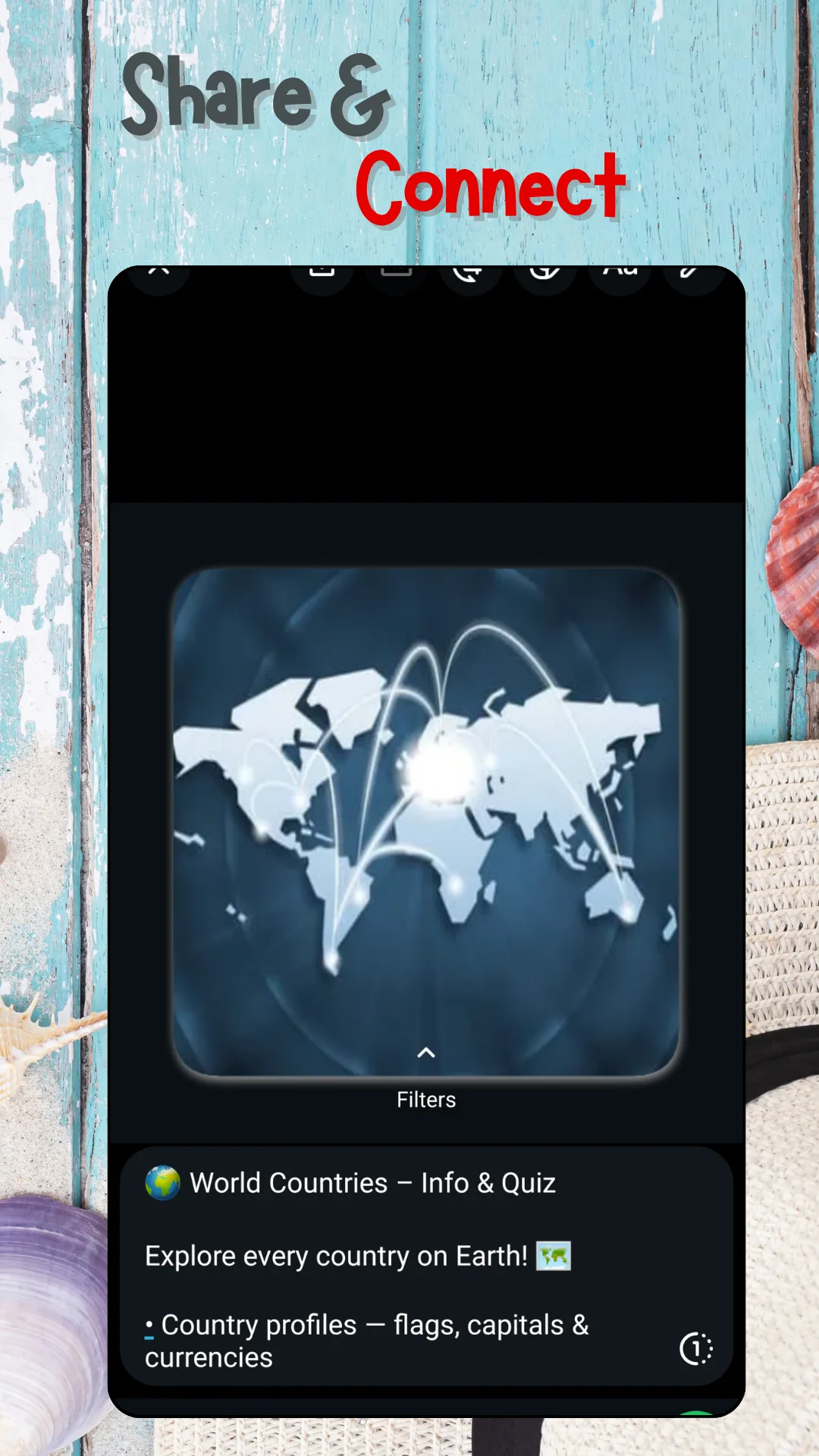 The Android share sheet carrying a world map graphic and a message that invites a friend to explore every country on Earth with country profiles covering flags, capitals and currencies