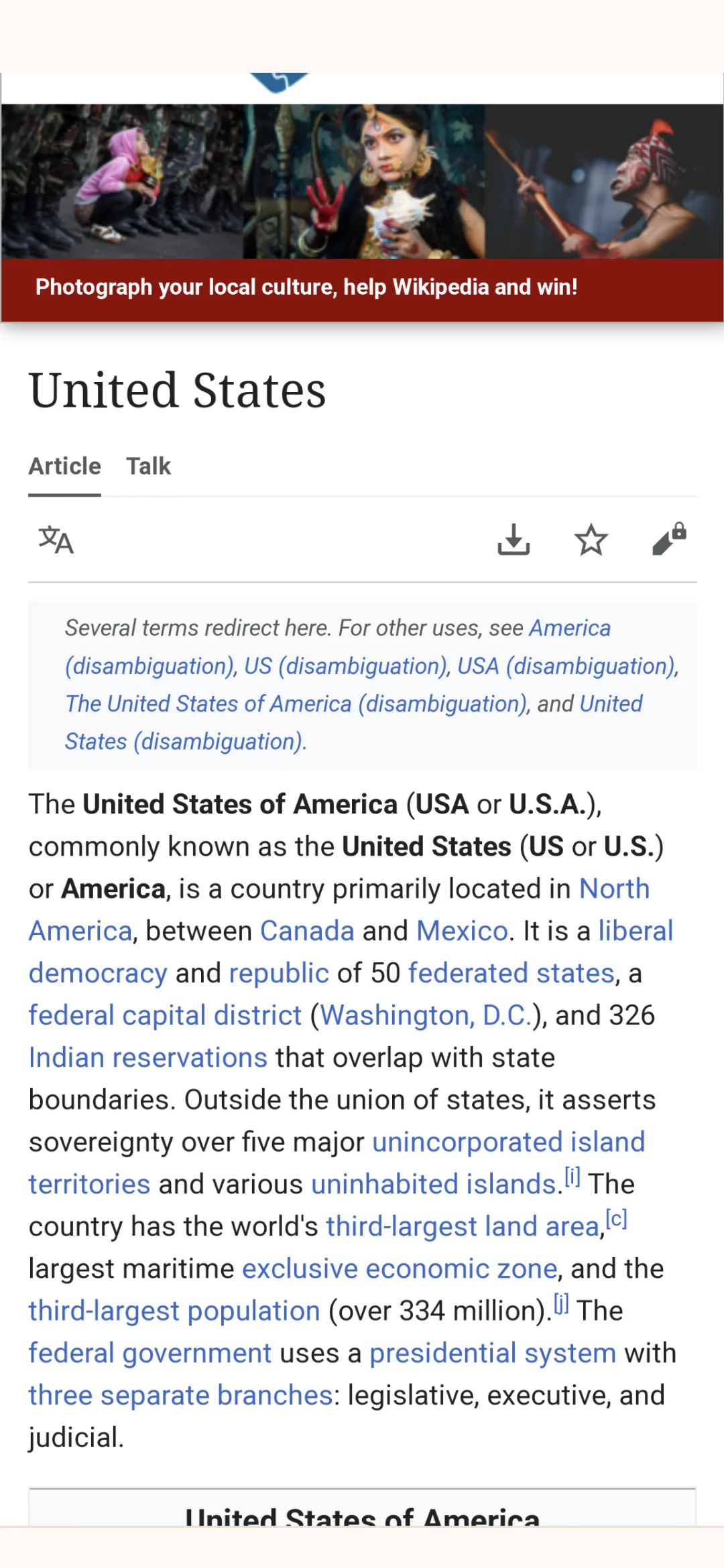 The Wikipedia article for the United States open inside the app, showing the opening paragraphs about its federal states, capital district and population