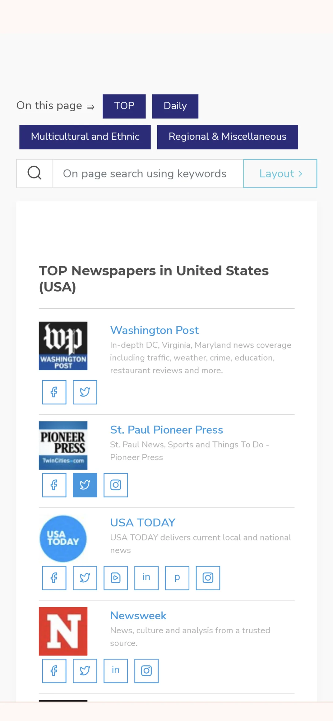 A Top Newspapers in United States page with tabs for Top, Daily, Multicultural and Ethnic and Regional and Miscellaneous, listing the Washington Post, St. Paul Pioneer Press, USA TODAY and Newsweek with their logos and social links
