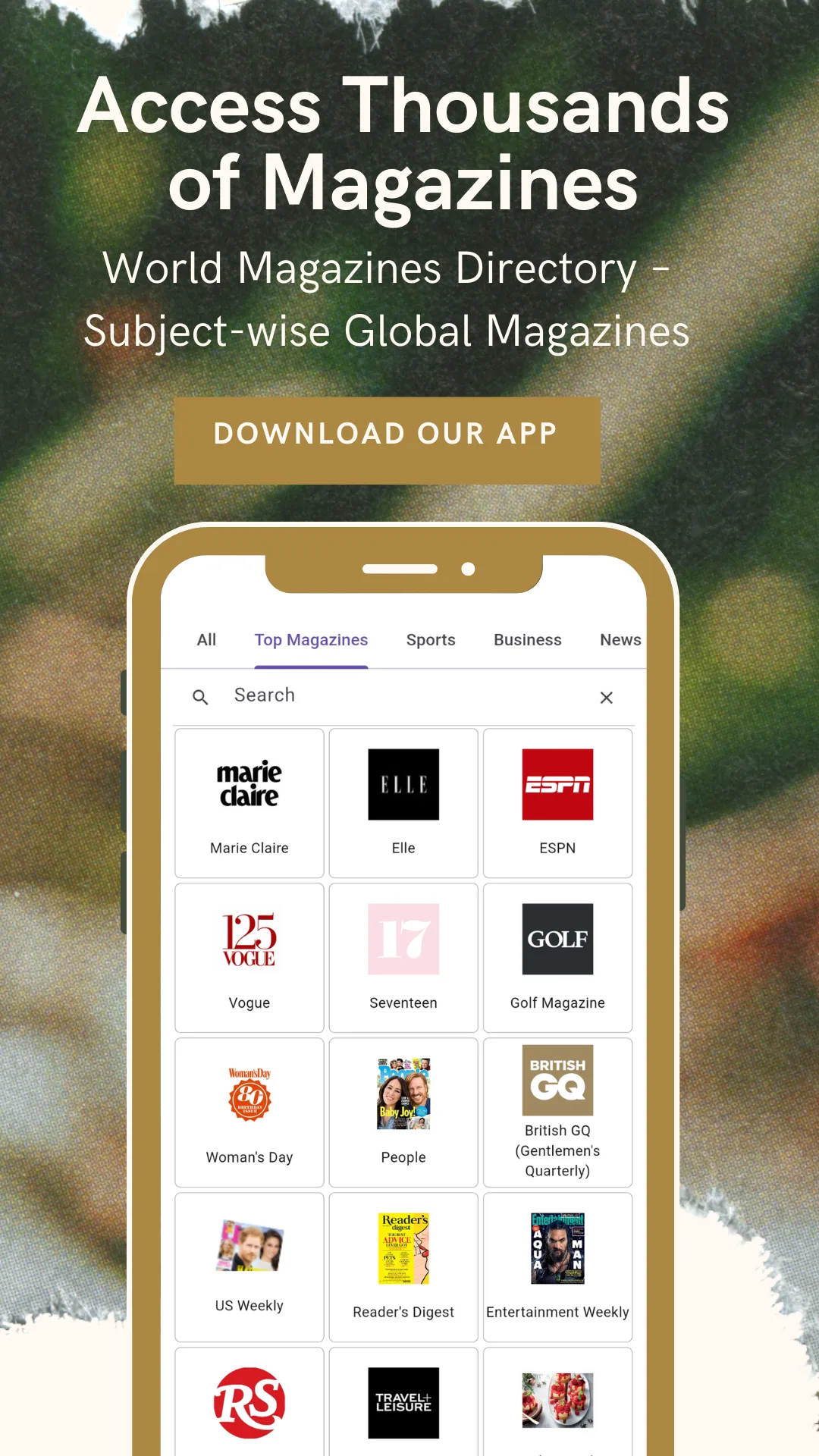 World Magazines Library home screen showing a Top Magazines grid of covers and logos including Marie Claire, Elle, ESPN, Vogue, Seventeen, Golf Magazine, Woman's Day, People, British GQ, US Weekly and Reader's Digest