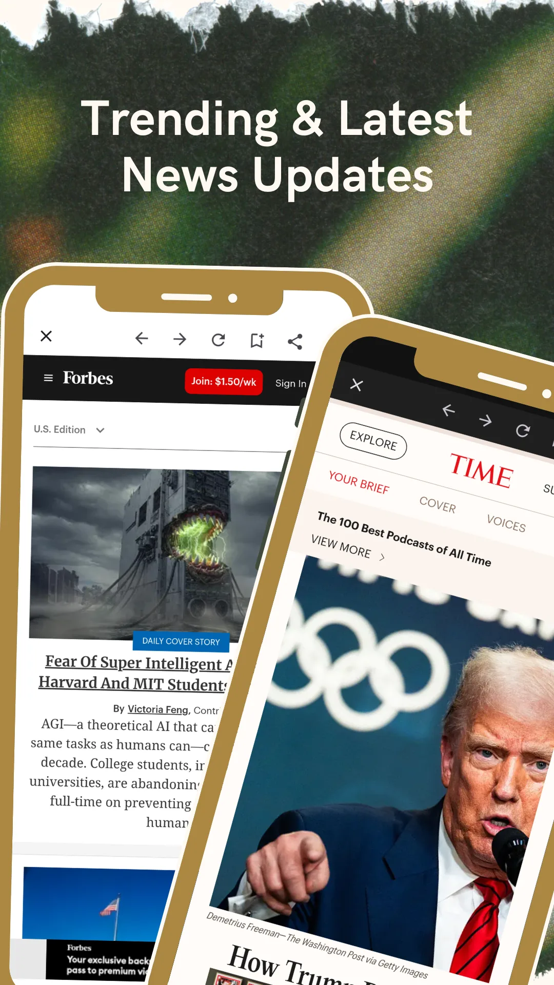 Magazine feature articles open in the in-app reader, showing a Forbes cover story and a news feature with photographs