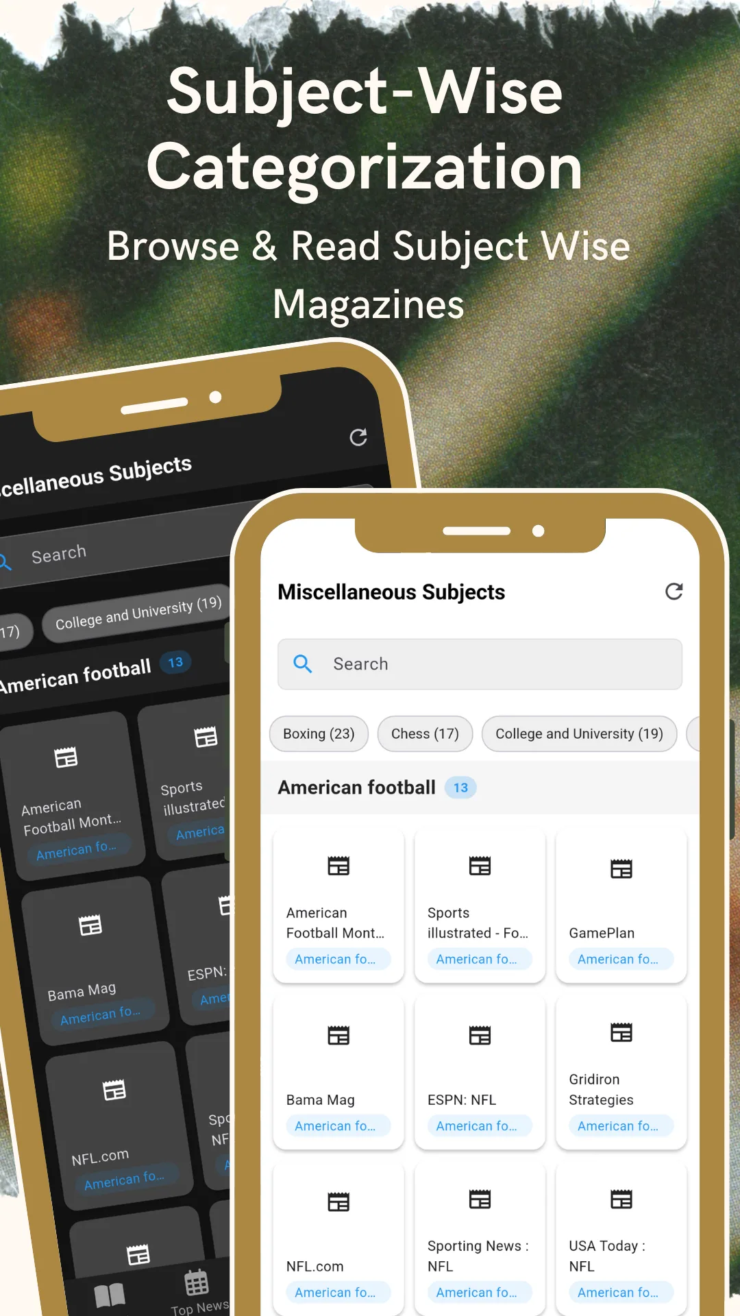 Subject categorization screen listing niche subjects with title counts, and an American football subject page showing American Football Monthly, Sports Illustrated, GamePlan, Bama Mag, ESPN NFL, Gridiron Strategies, NFL.com, Sporting News NFL and USA Today NFL