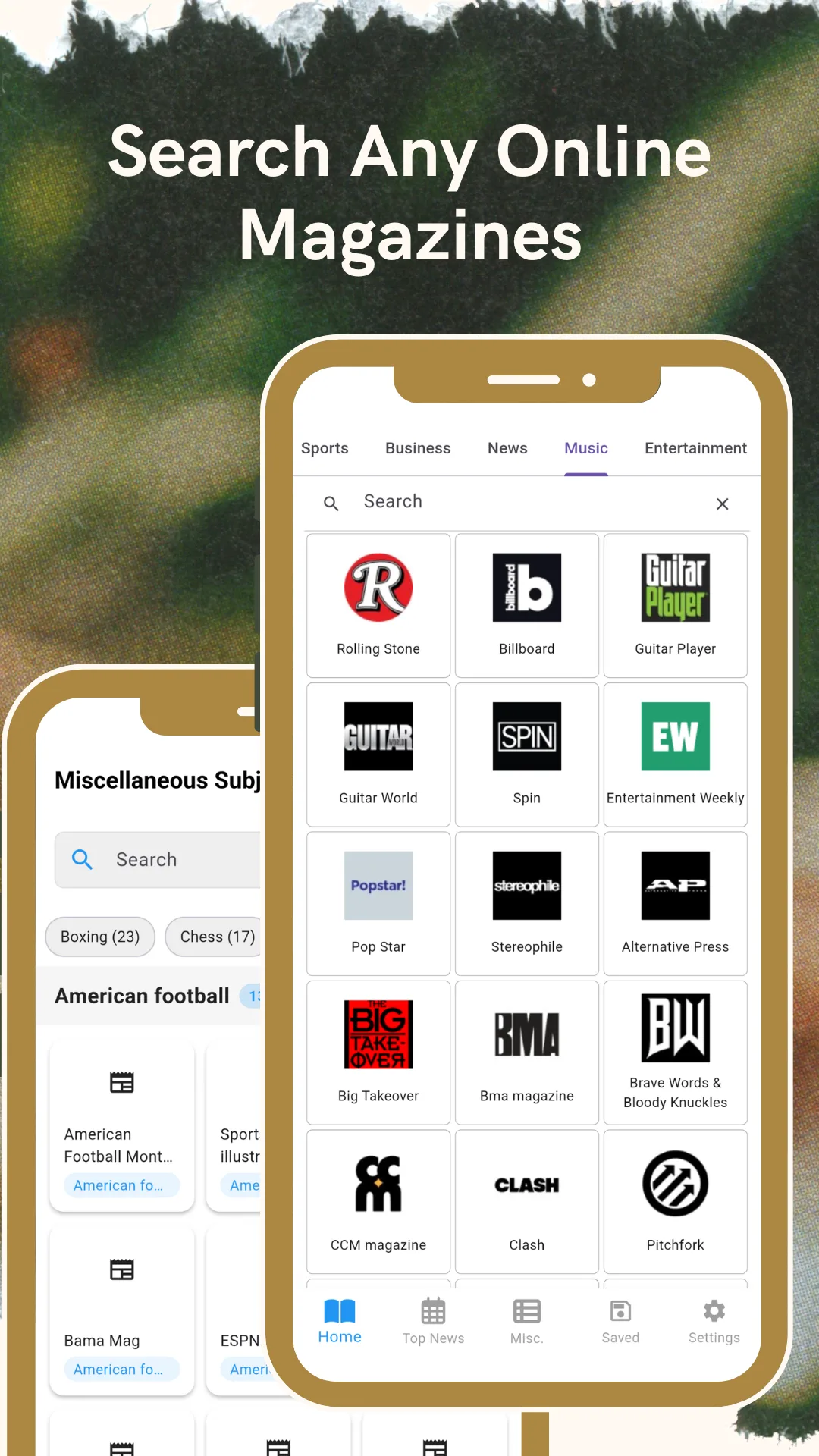 Search screen on the Music tab showing Rolling Stone, Billboard, Guitar Player, Guitar World, Spin, Entertainment Weekly, Stereophile, Alternative Press, Clash and Pitchfork, beside a miscellaneous subjects list with counts such as Boxing and Chess