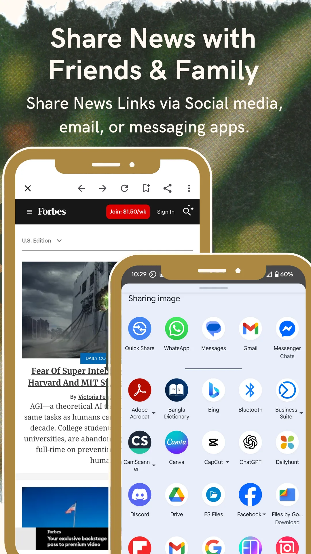 An open magazine article with the Android share sheet above it offering WhatsApp, Messages, Gmail, Messenger, Bluetooth and other apps