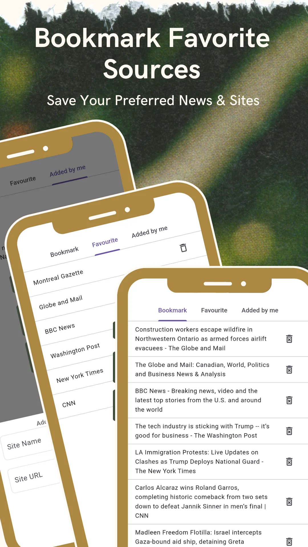 Bookmark, Favourite and Added by me tabs showing a saved reading list and a form with Site Name and Site URL fields for adding your own publication