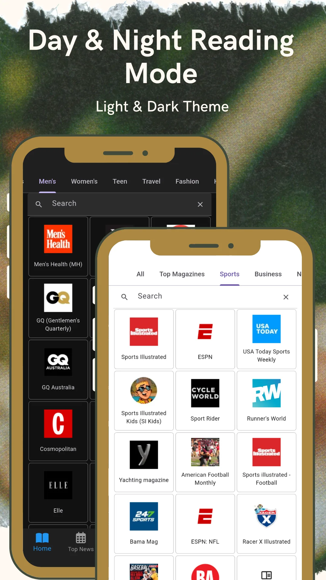 Men's, Women's, Teen, Travel and Fashion category tabs showing Men's Health, GQ, GQ Australia, Cosmopolitan and Elle, beside a Sports tab with Sports Illustrated, ESPN, USA Today Sports Weekly, Runner's World and Yachting Magazine
