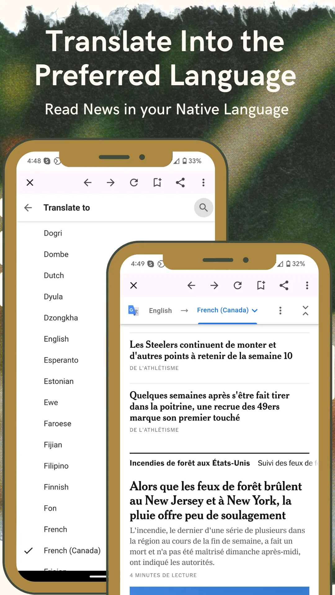 Translation panel listing target languages from Dogri to French beside a French-language magazine page translated in the in-app reader