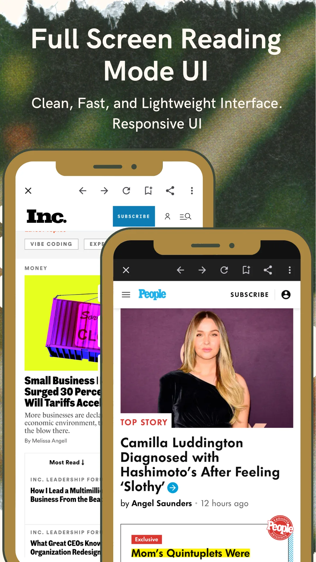 Full screen reading mode showing Inc. and People magazine pages rendered edge to edge with a slim browser toolbar