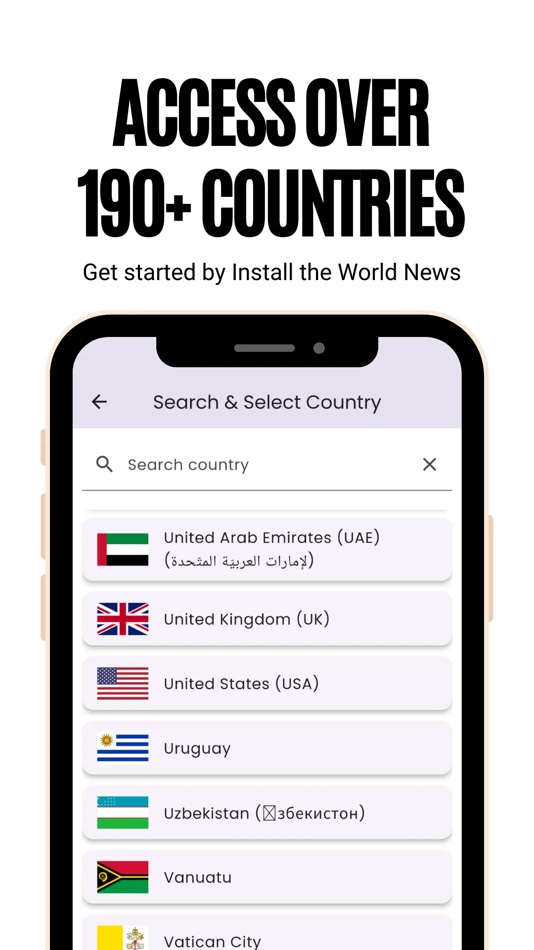 Searchable country list in the World News and Newspapers app, each country shown with its flag, captioned Access over 190+ countries