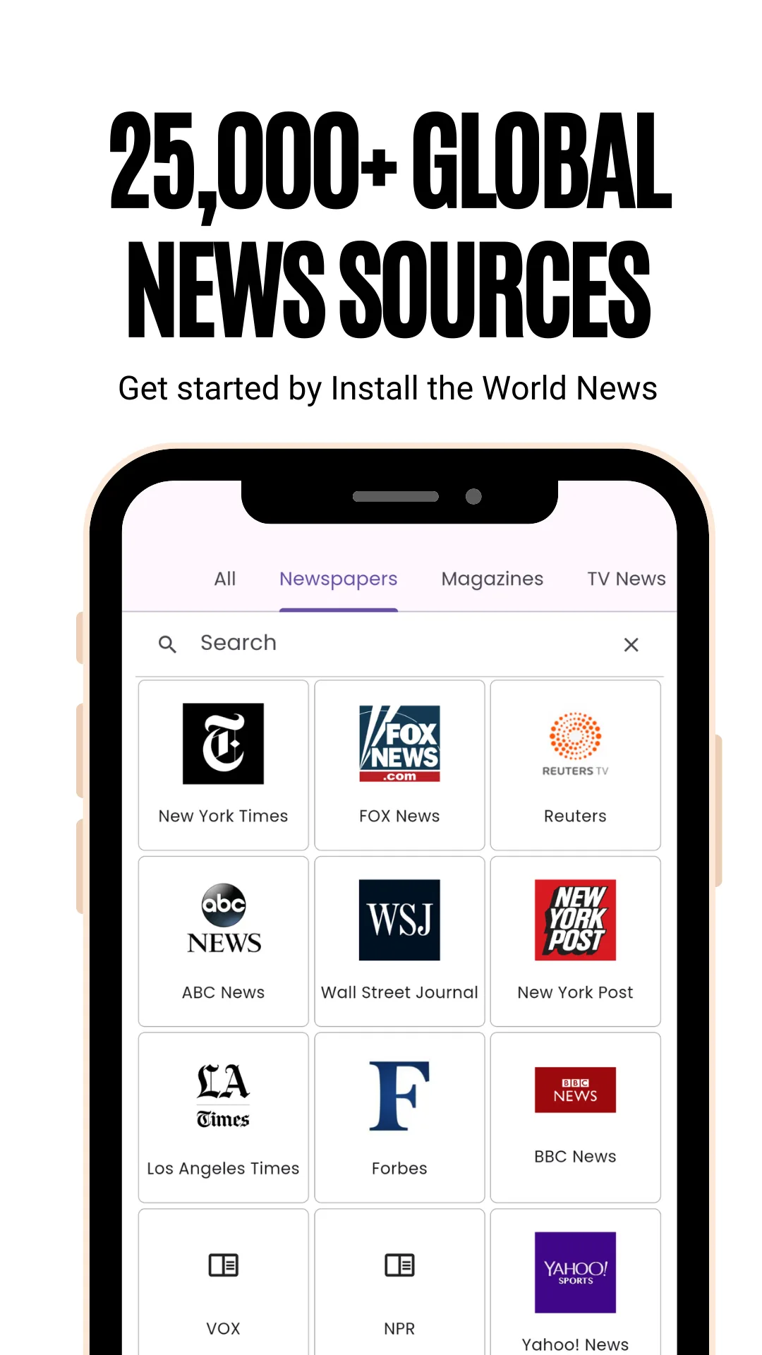Grid of newspaper and news-site logos for a selected country with a search bar above it, captioned 25,000+ global news sources