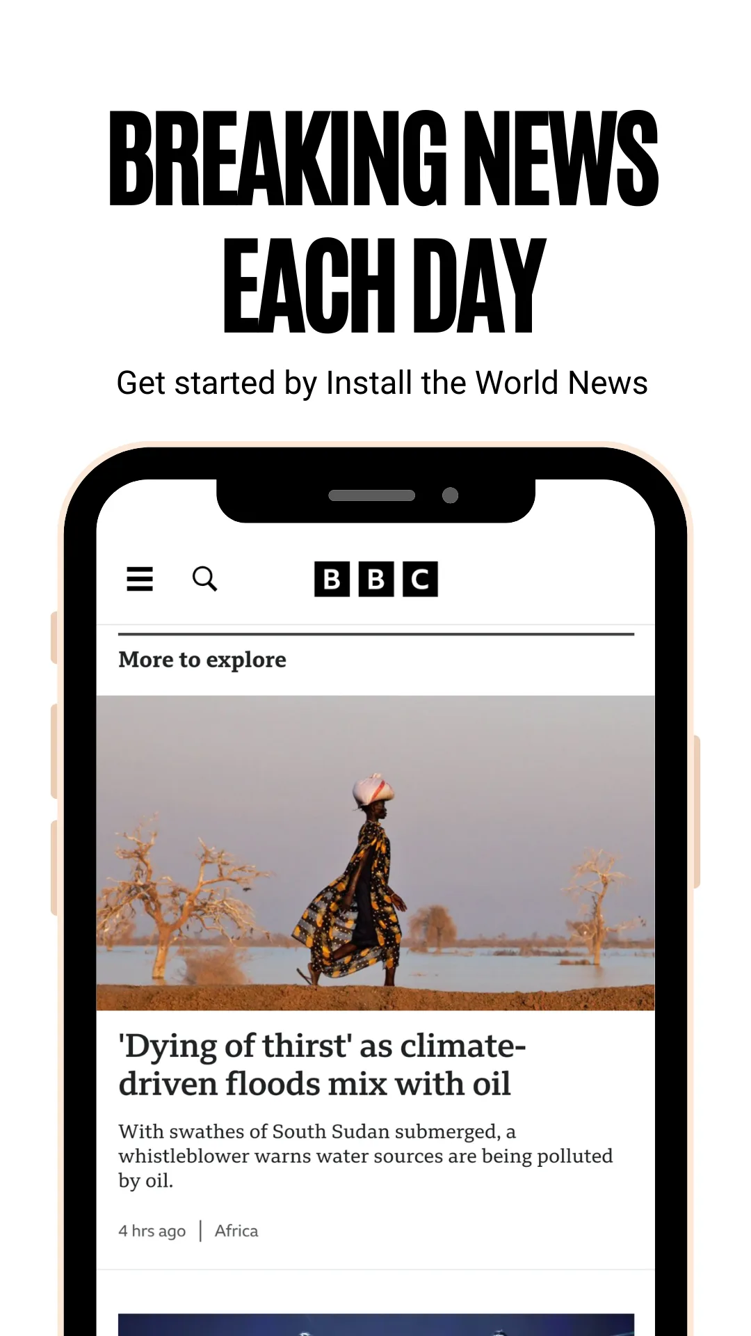 A news article open in the in-app reader with its photograph and headline, captioned Breaking news each day