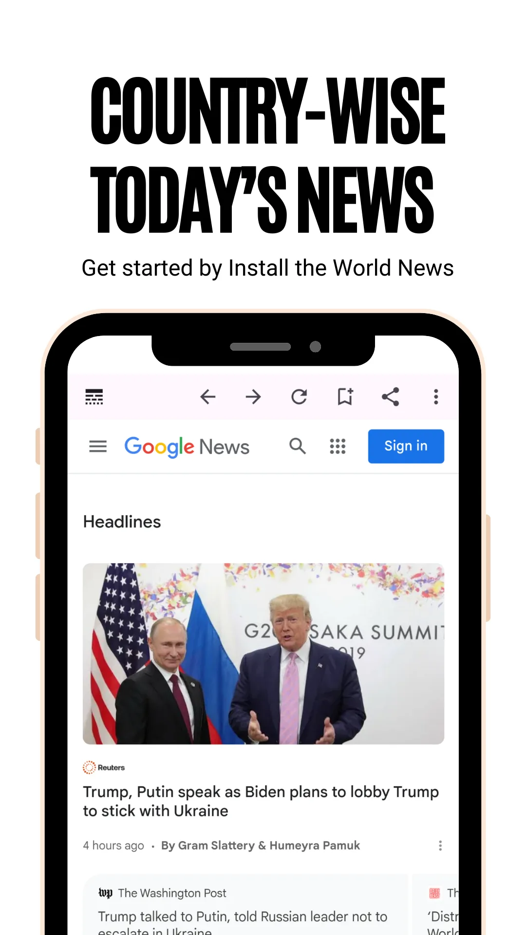 Today's headlines for one selected country listed with thumbnail images, captioned Country-wise today's news