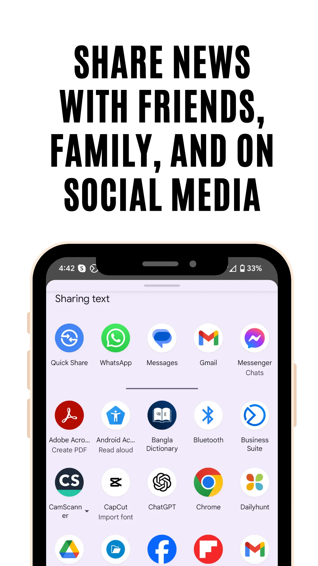 Android share sheet open over a news story showing messaging and social app targets, captioned Share news with friends, family and on social media
