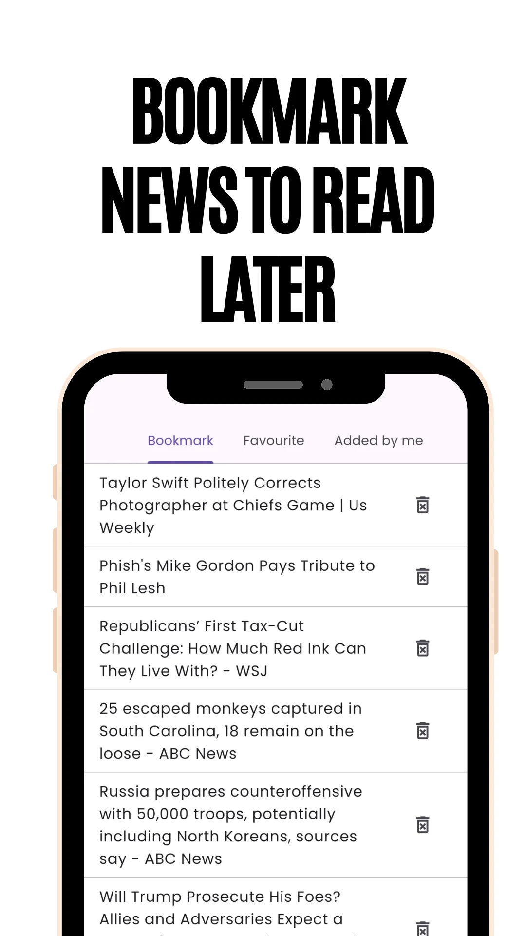 List of saved articles with bookmark icons in the World News and Newspapers app, captioned Bookmark news to read later