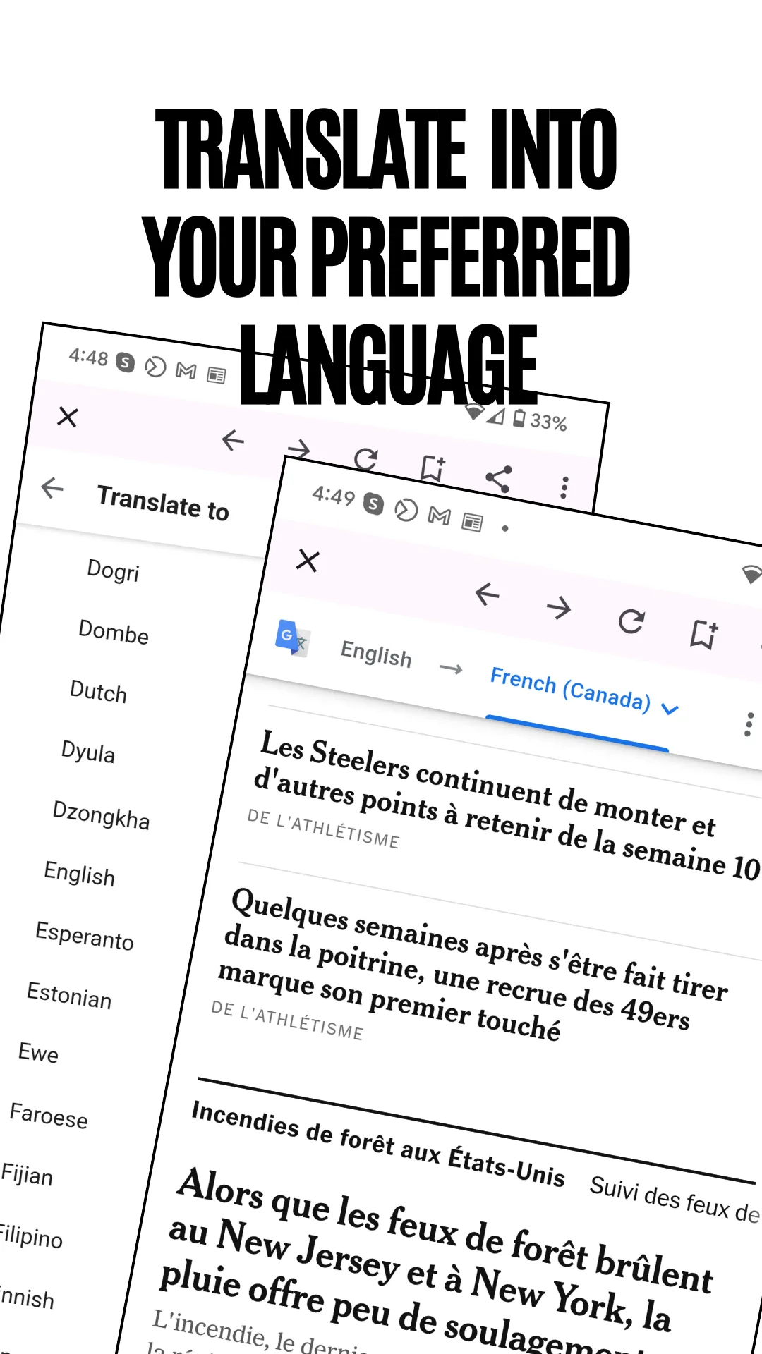 A French-language news page with the in-app translation control open above it, captioned Translate into your preferred language