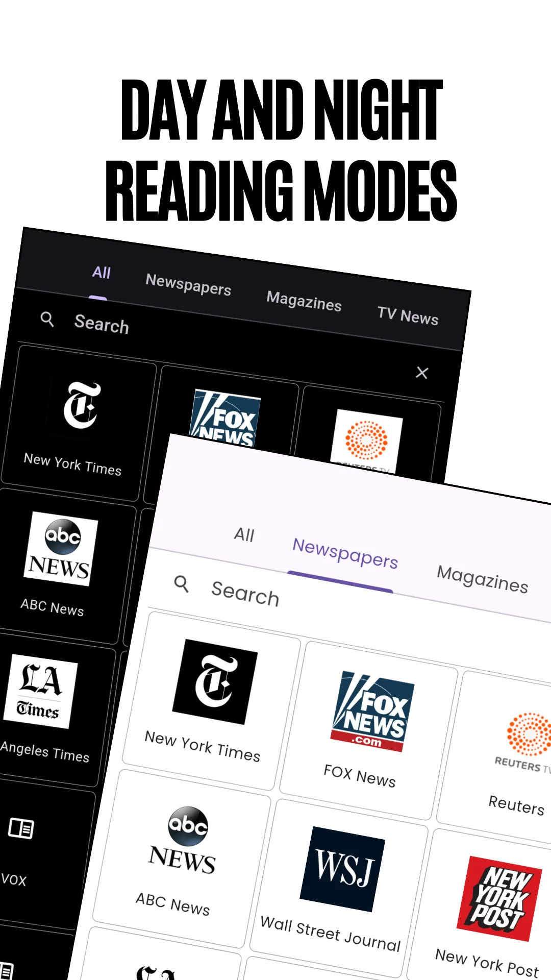 The newspaper logo grid shown in the app's dark theme, captioned Day and night reading modes