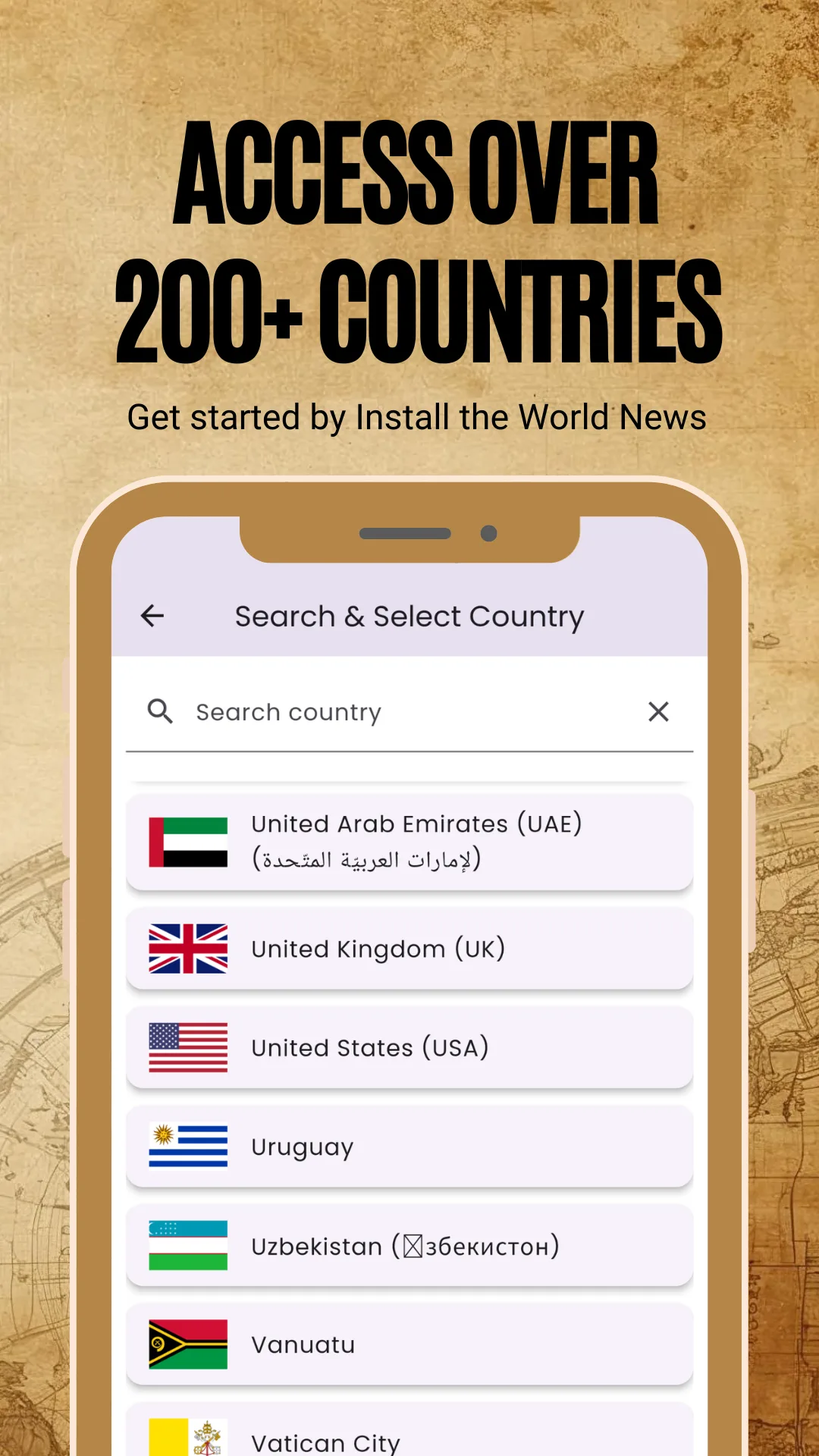 Country picker in the World Newspapers app showing a searchable list of countries with national flags, captioned Access over 200+ countries