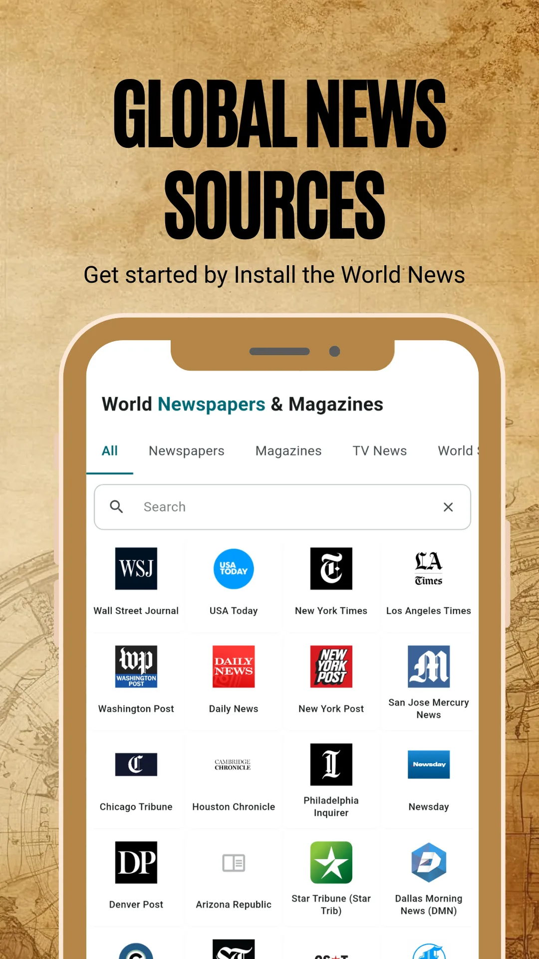 Grid of newspaper and magazine mastheads for a selected country inside the World Newspapers app, captioned Global news sources