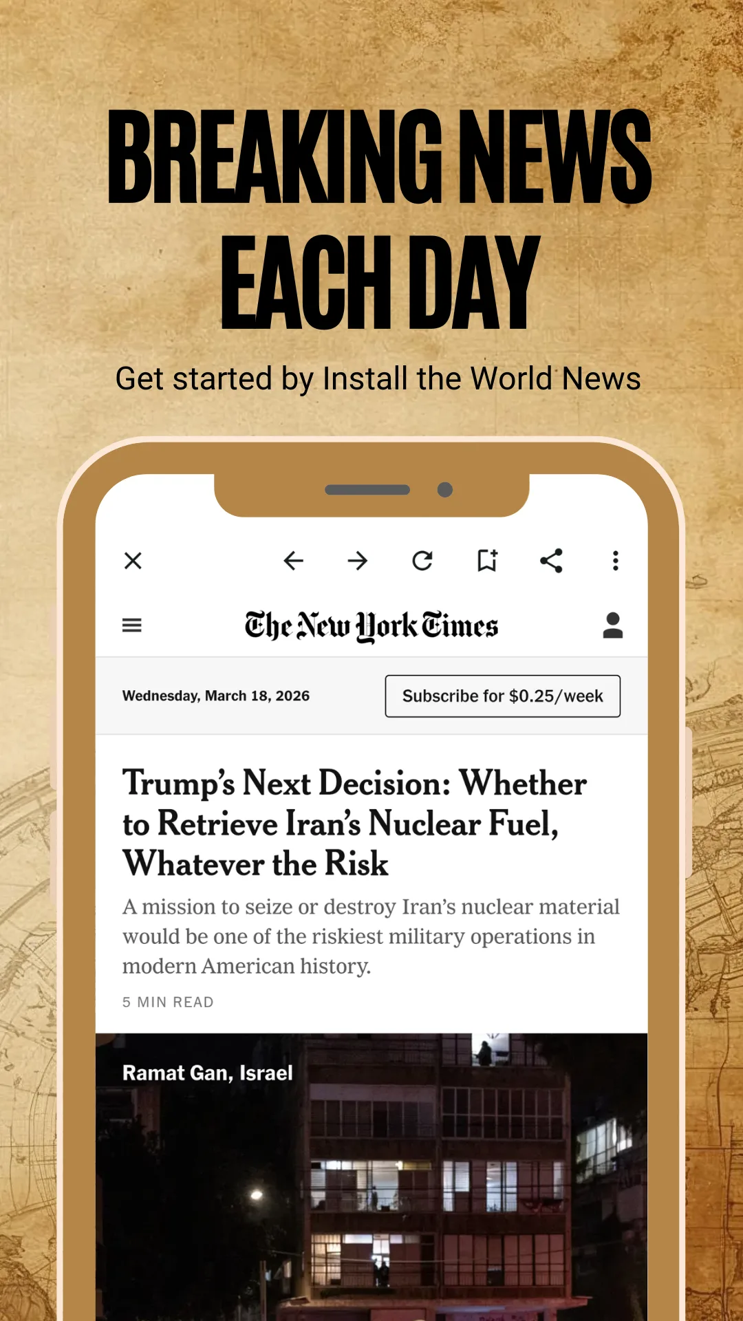 A full news article open in the in-app reader with headline and body text, captioned Breaking news each day