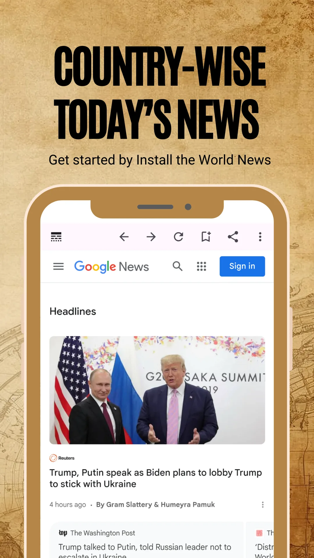 Today's headlines listed for one selected country with thumbnail images, captioned Country-wise today's news